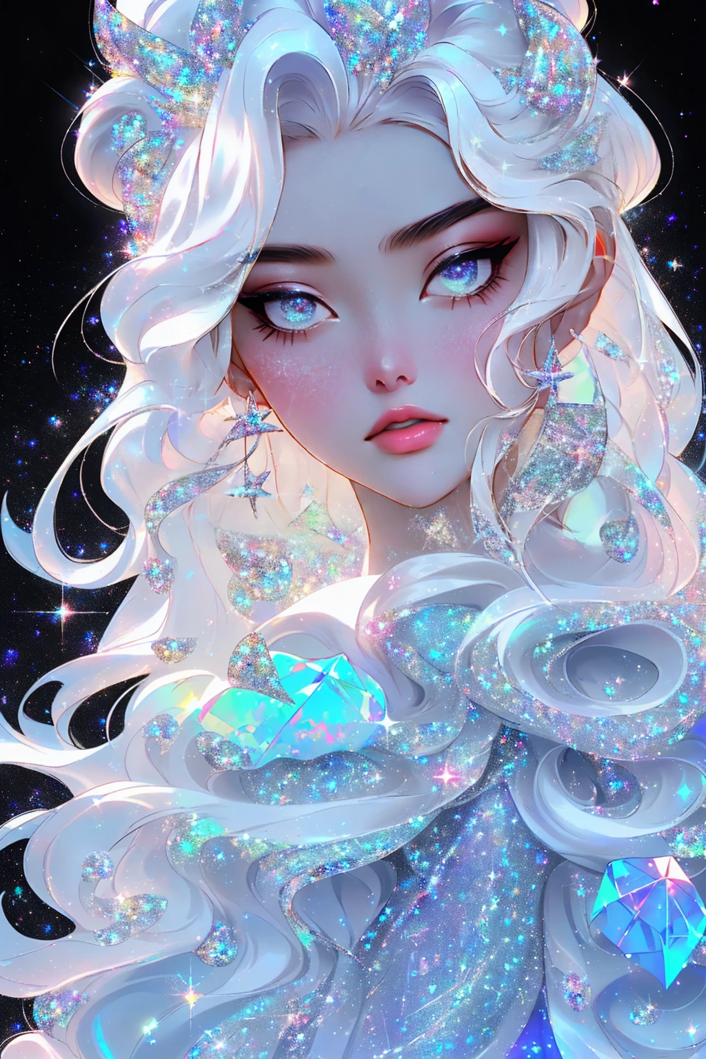 {-erro_de_anatomia:1.0} masterpiece, highest quality, (perfect face:1.1, (high detail)1.1, sweet stardust vampire , long soft white hair, opal eyes, perfectly drawn face, black dress, stars detailed background, prismatic lighting, glitter, whole body,   walking on the stars with crystal shoes.