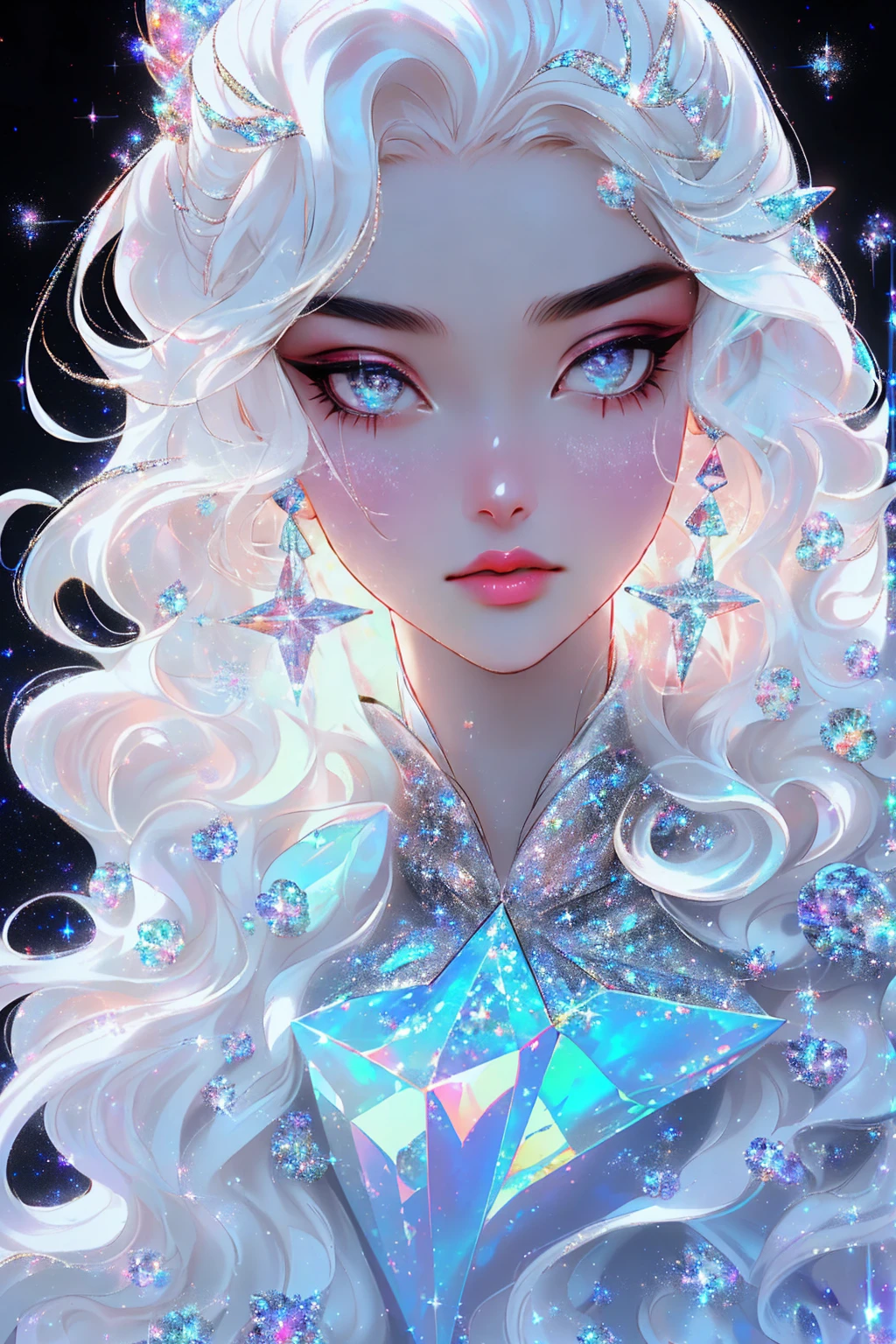 {-erro_de_anatomia:1.0} masterpiece, highest quality, (perfect face:1.1, (high detail)1.1, sweet stardust vampire , long soft white hair, opal eyes, perfectly drawn face, black dress, stars detailed background, prismatic lighting, glitter, whole body, walking on the stars with crystal shoes.