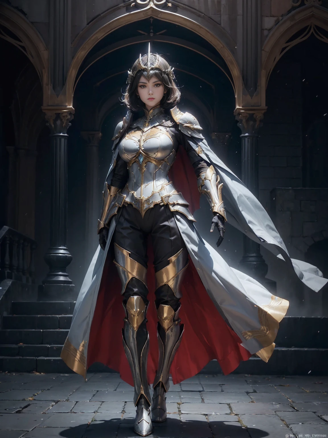 ((1 Full body single woman)) ,(Shooting from front and midle), looking at the camera, centered image, tmasterpiece,A high resolution,Absolutely beautiful, facing camera, Tall and tall,(big breast : 1.3), white short hair with updo, (full coverage black armor, Ornately decorated armor, Exquisite details of the armor and pants, warrior, gloves, helm, show armor iron boots, pauldrons with capes, allure:young adult,(Tall:1.5),Rich scene detail,In the midst of the war,standing.