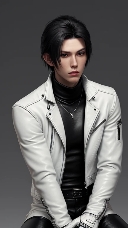 Final fantasy taste graphics, Japanese young cute and cool boy, thin eyebrows and beady eyes, he wearing shiny off white leather singlebrest jacket, with epaulet, jacket is zip upped, jacket pattern is a little black lines, jacket collar is high length stand-up collar with belt, also wearing black turtleneck, black leather pants,both hands black leather tight and thin glove, black leather knee-high raceup boots,show, show head-to-toe, whole body, final fantasy style、Handsome、Clear eyes and nose、((White single leather jacket))、Black turtleneck、Black leather pants、((Black leather gloves on both hands))、Black lace-up leather long boots、View from head to toe in the distance、Realistic image quality and texture