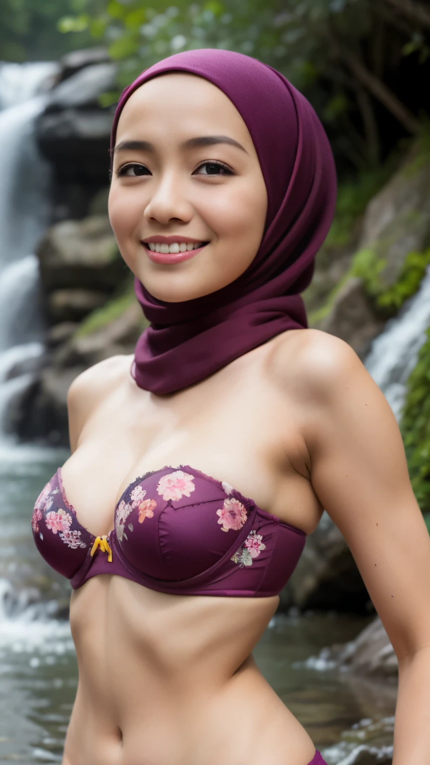 (Happy smile), (((HIJAB MALAY GIRL))), masutepiece, High quality, UHD 32K, Realistic face, Realistic skin feeling , A Japanese Lady, 8 years old, , Very cute and baby-like face, (((FLAT CHEST))), (MATRIX WORLD), ((look In front  at the camera and SADNESS)), ((())), (((CUTE GIRL))), ((MAROON LIPS)), ((Floral Pattern)) little wearing strapless bra, strapless colorful bra, naked at river waterfall 