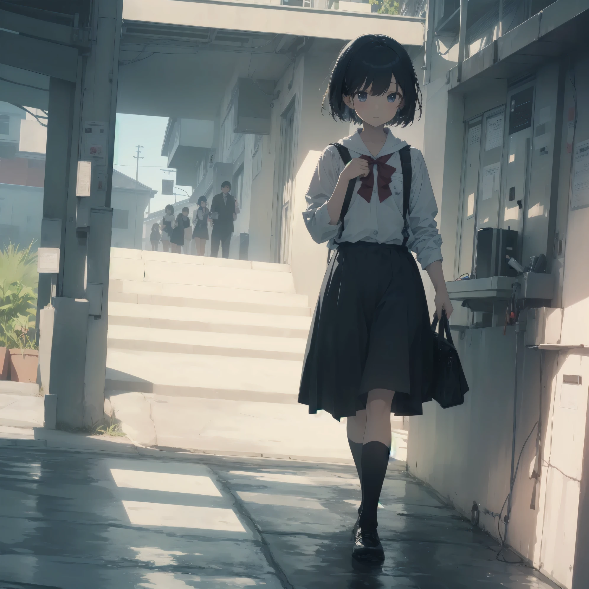 ultra-absurdres-Top quality by artist God, ultra-detailed, high resolution, anime moe artstyle, best anime 8k konachan wallpaper, pixiv contest winner,pool:2810, perfect anatomy,break, 1girl, (Please draw a girl walking sleepily to school alone. )break,(Solo,little female, 13-year-old:1.3),Full limbs, complete fingers,a junior high school student, (very short hair), short cut, flat chest, , small butt, small black eyes, beautiful detailed eyes, well-proportioned iris and pupils, expressive eyes, highres detailed hair, soft expression, school_uniform, official_alternate_costume, pleated skirt,(Detailed Lighting), (Detailed background), in the School commute route. break,super detailed skin, Best cinematic lighting powered by famous artist, 8k,beauty illustration,photoshop_(medium),very aesthetic,break,((artist:a1_(initial-g) )), artist:akinashi yuu ,artist:oyari ashito ,artist:kantoku ,