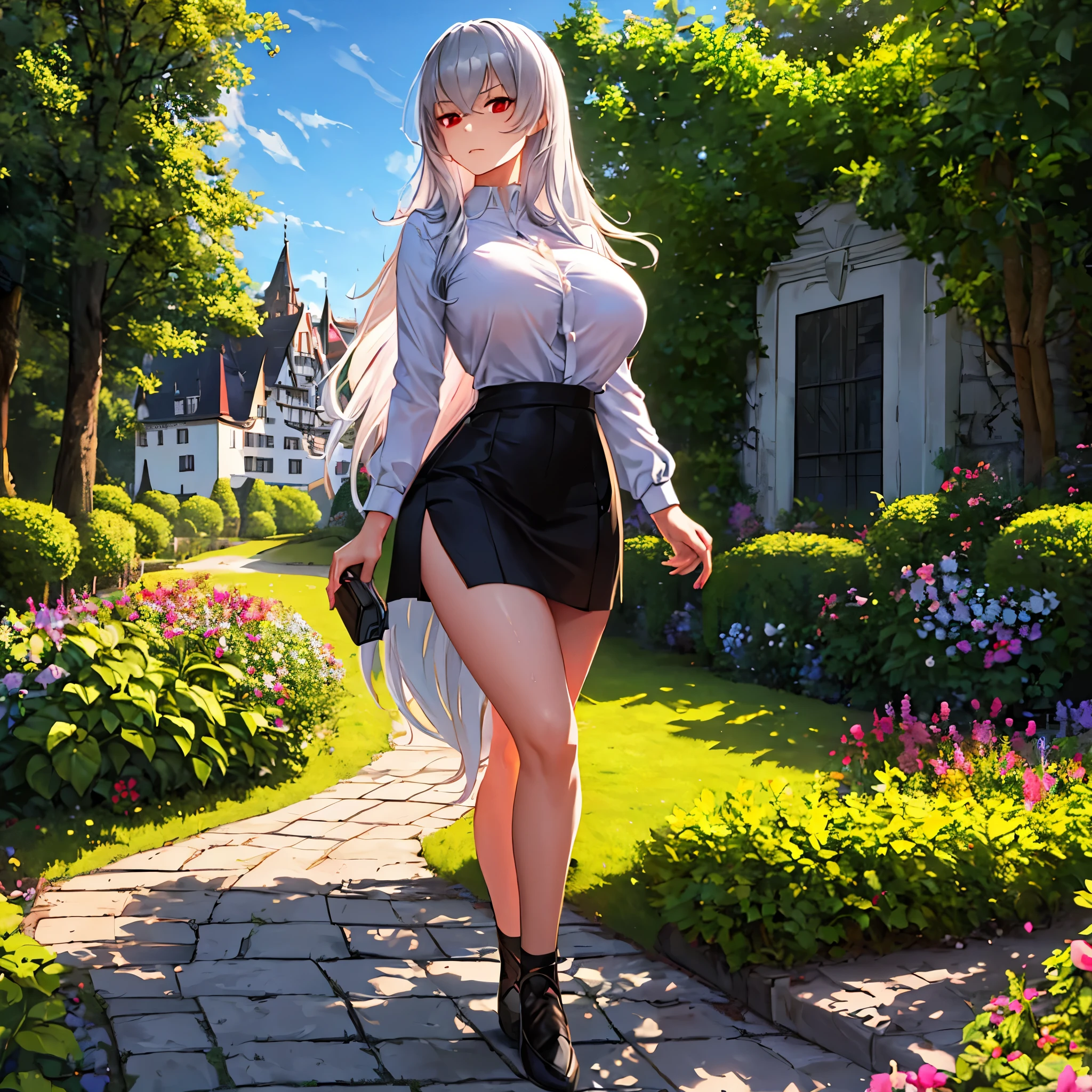 A woman wearing a white shirt, with a design of the German flag, black skirt, long silver hair, red eyes, serious face, big breast, walking in a garden of a traditional German castle, with trees and plantations around, concrete walkway, sunset,.HDR, ultra resolution, well defined, masterpiece, 8K HD. (solo woman)
