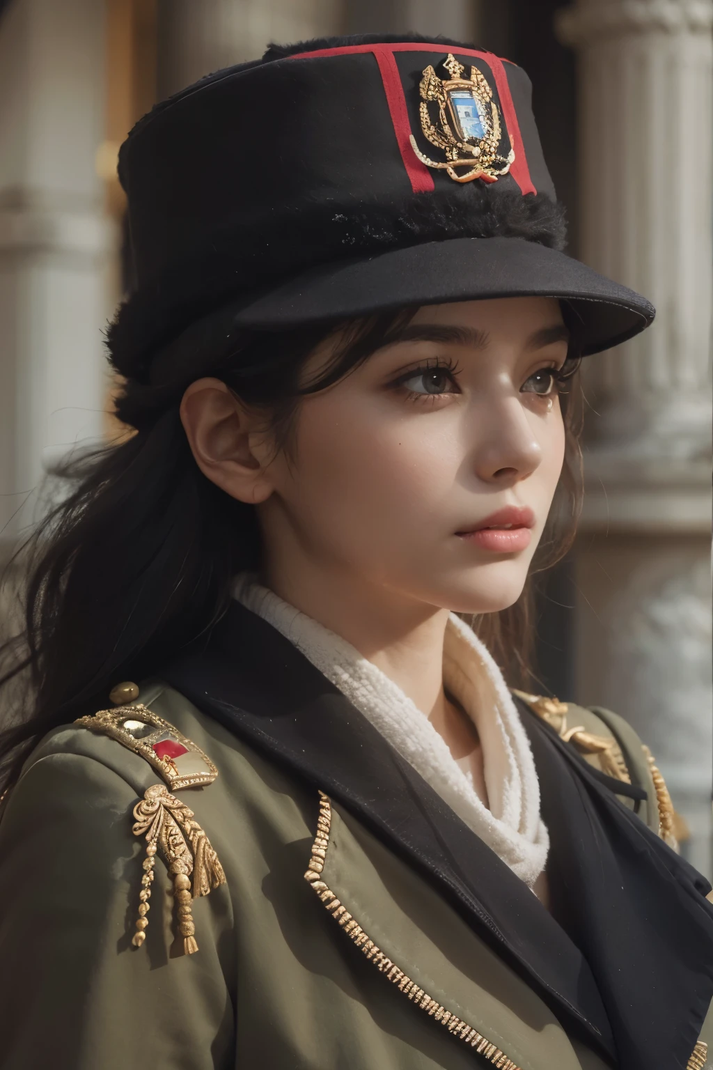 Araped woman wearing British Guards hat and clothes, No makeup , without makeup, portrait of a girl, Profile picture, Use Instagram Filters, Subtle soft and dim light, perfect face, julia sardinian, 💂🏻, Buckingham, 