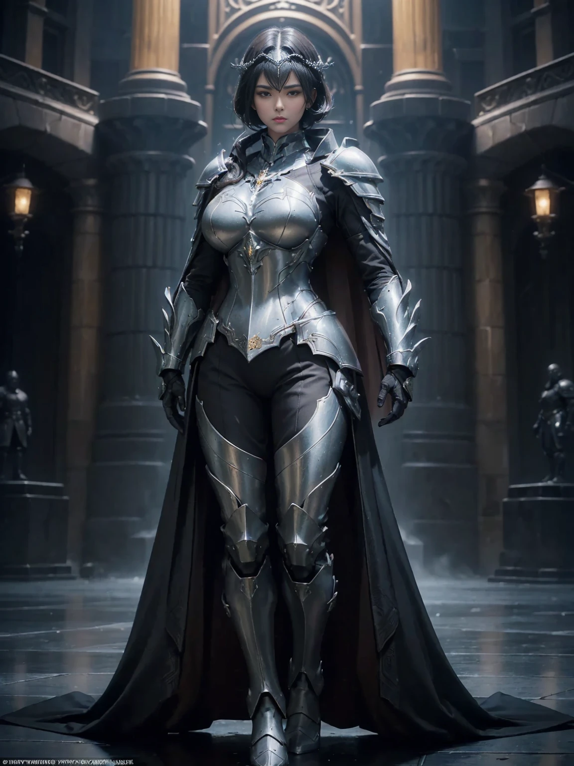 ((1 Full body single woman)) ,(Shooting from front and midle), looking at the camera, centered image, tmasterpiece，A high resolution,Absolutely beautiful, facing camera, Tall and tall，(big breast : 1.3), white short hair with updo, (full coverage black armor, Ornately decorated armor, Exquisite details of the armor and pants, warrior, gloves, helm, show armor iron boots, pauldrons with capes,  allure：young adult,（Tall：1.5），Rich scene detail，In the midst of the war，standing.