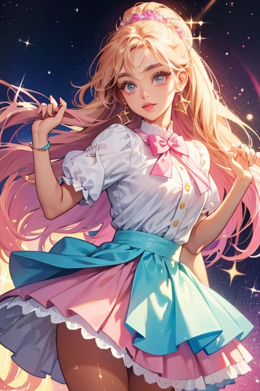 She is a tan-colored with light blue lips. She wears a pink skirt. SPARKLE; GLITTER