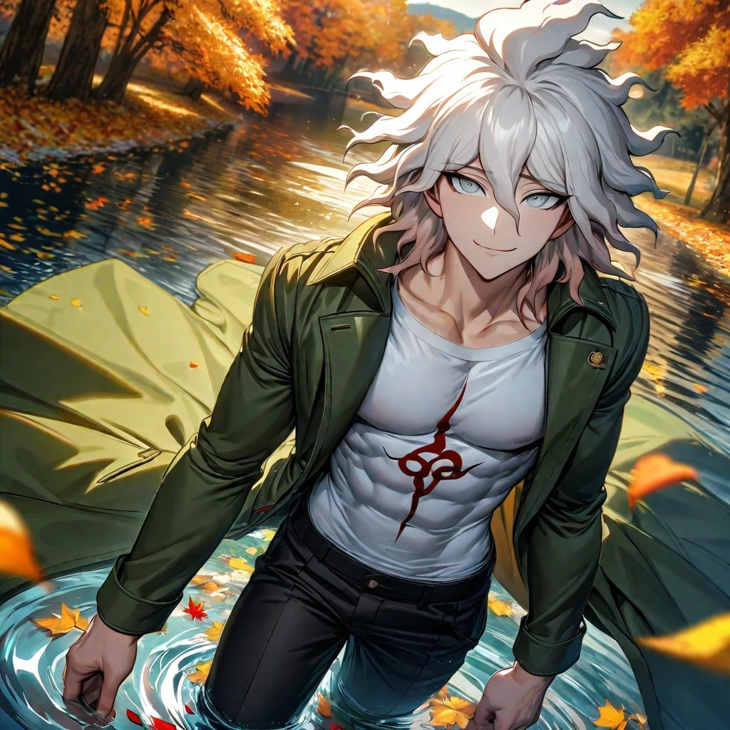 Ultra detailed, highres, absurdres, HDR, Komaeda Nagito, white hair, silver eyes, white tight shirt, green long coat, Danganronpa, water, autumn, petals, orange and yellow leaves, sexy man, solo, extremely handsome, very detailed face and eyes, black pants, toned chest, smirking,