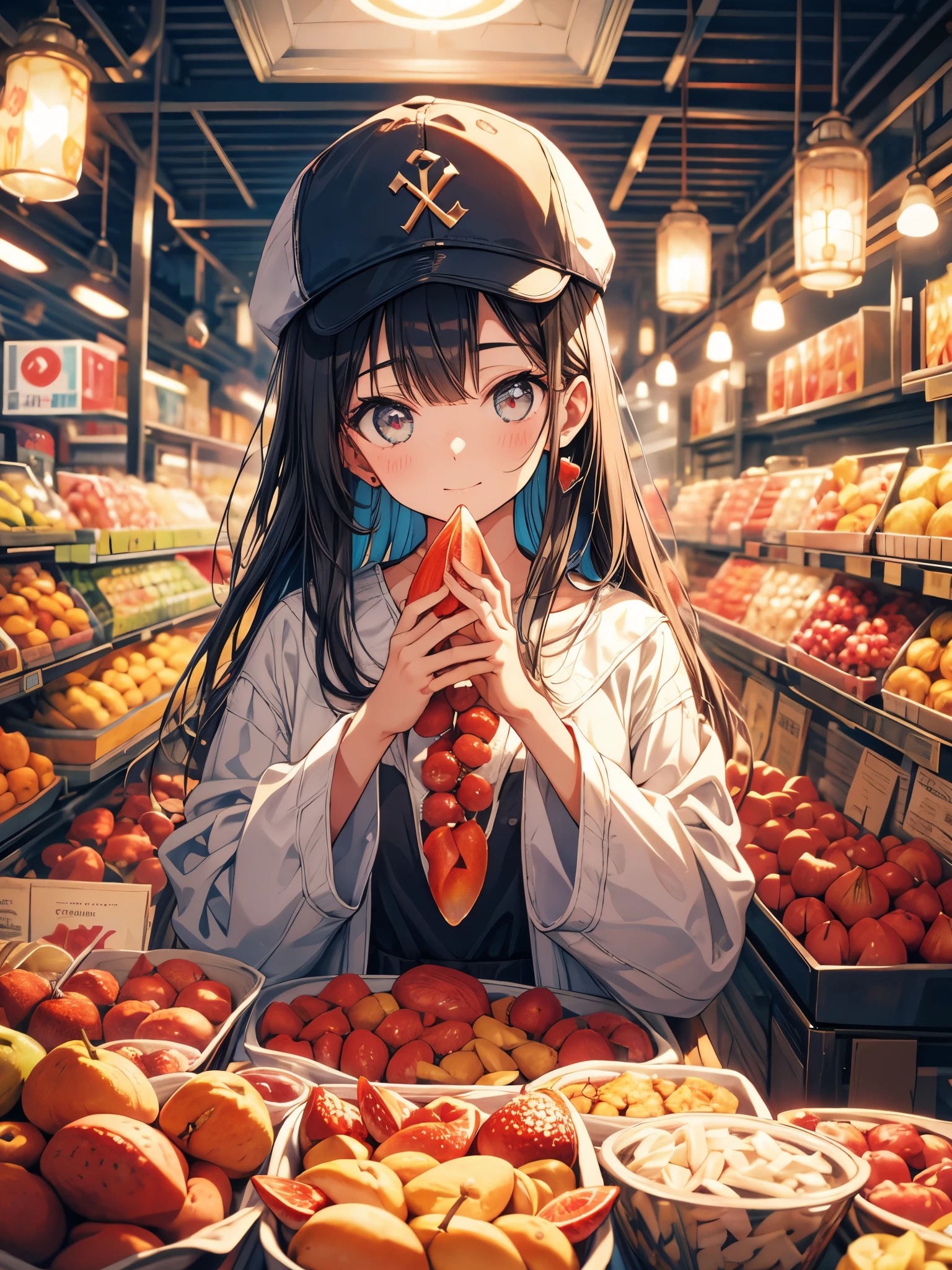 Mercadora, meio coreano, Half German, heart shaped face, medium length hair, retrato, YouTube video, realista, fotografia, ring lighting, ring lighting, semanalmente1, (((em uma bancada de uma barraca de frutas empolgada gritando vendendo seu produto, wearing a cap with brim)))