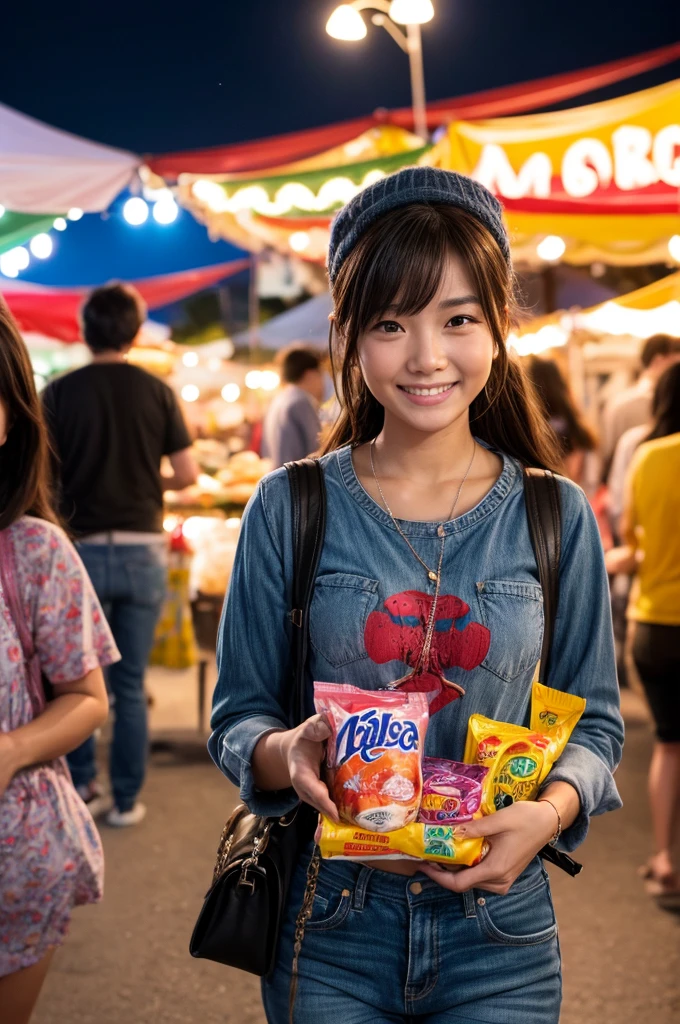 Vibrant night market. Woman wearing casual clothes, Carrying snacks, Her face is full of joy and satisfaction.