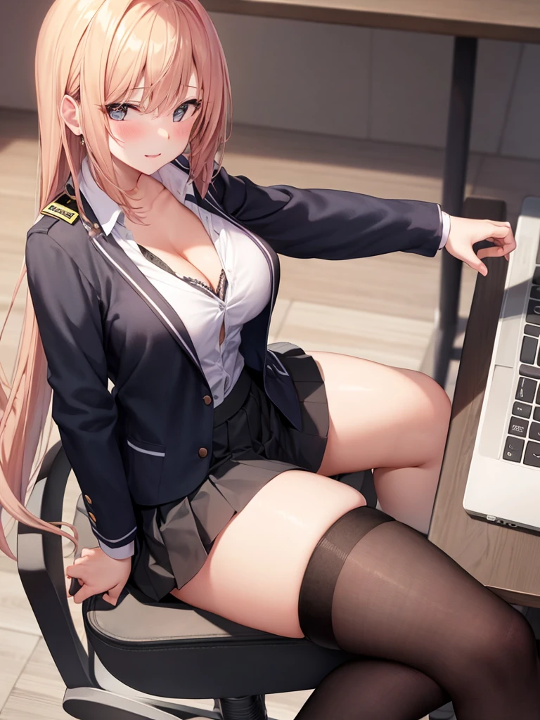 One Girl, solo, ((White shirt)), Black knee socks, Proudly, Cleavage,Black panties,Show off your panties to your audience,Spread your legs wide,legs apart,Black bra,Big Ass,Large Breasts,Low - Angle,Chair下からのアングル, Cowboy Shot,uniform, officeの背景, Black Skirt, Pleated skirt, Very short skirt,Panty flashing,office,E Cup, Look at the viewers, solo, Thighs Thighs Thighs Thighs, Thighs Thighs Thighs Thighs, ((masterpiece)), Sit on, Chair, desk work, Computer on the desk, Name tag, ID Tag, in house, blush, Sexy pose