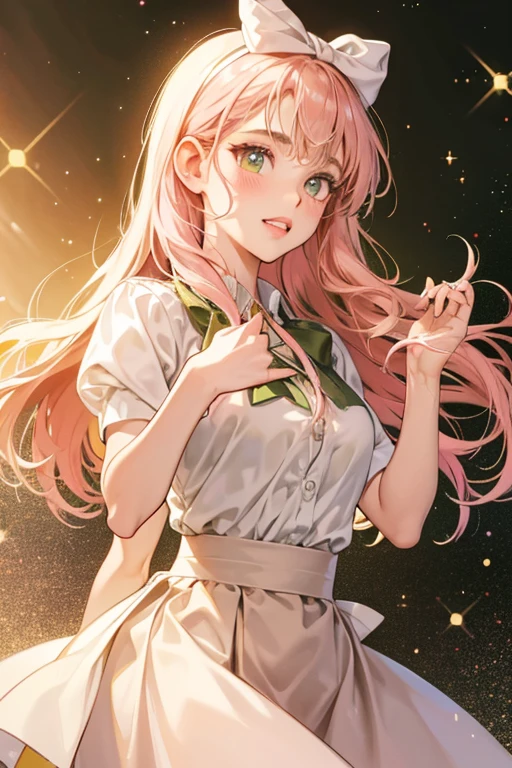 She is an olive green with one strand of hair with a pink bow. She also has light orange lips and a single tooth. She wears a white skirt. SPARKLE; GLITTER
