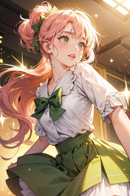 She is an olive green with one strand of hair with a pink bow. She also has light orange lips and a single tooth. She wears a white skirt. SPARKLE; GLITTER