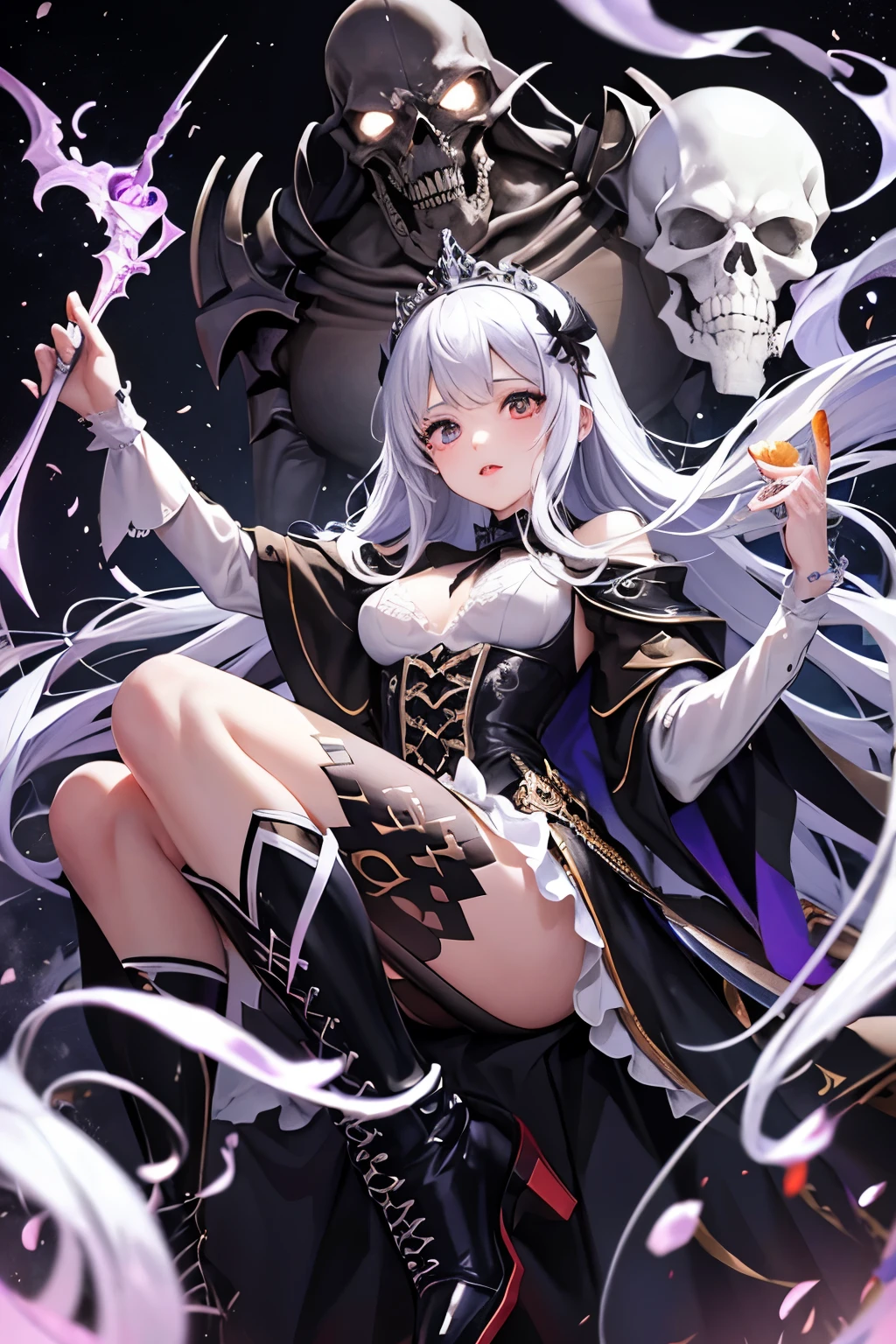 (((highest quality、Masterpiece、Normal body、8k、Detailed face、Ultra-precision、Normal hand、Normal finger、5Finger、supreme)))Golden and silver hair、Princess、Gorgeous Dress、White and black skirt、Shiny Tiara、night armor、metal boots、Grim Reaper、grim Reaper、Helper Reaper、Skeleton demon behind、Skeleton demon in background、Skeleton demon behind、Skeleton demon in the background、Chaos and Cosmos