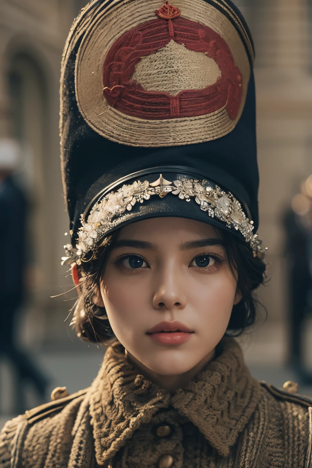 british guards 털모자와 옷을 입은 아라페드 여성, british guards, No makeup , without makeup, portrait of a girl, Profile picture, Use Instagram Filters, Subtle soft and dim light, perfect face, julia sardinian, 💂🏻, Buckingham,