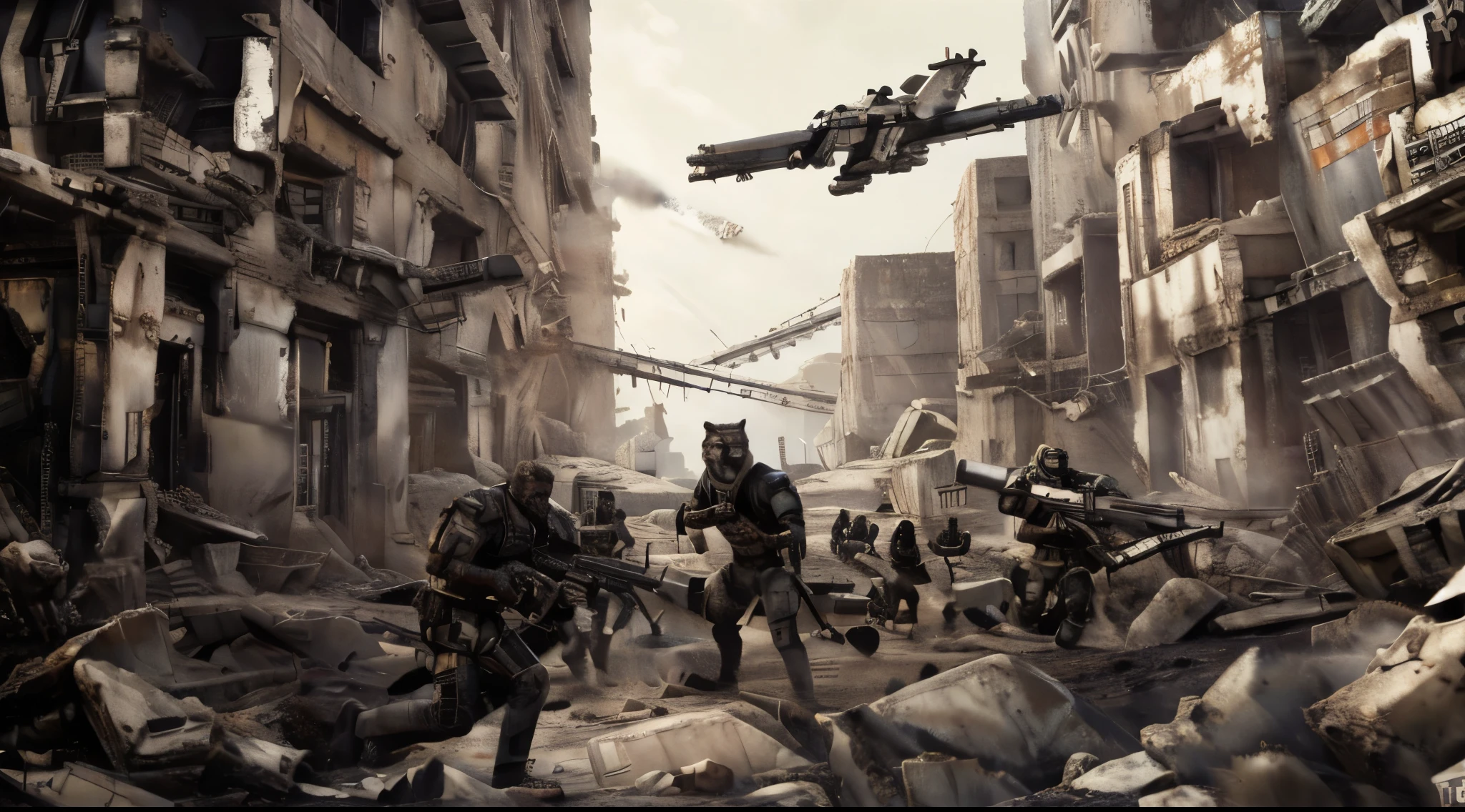 four anthro wolf marines shooting at T800 robots in city ruins, masterpiece, best, photo realistic