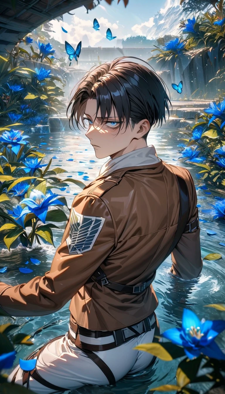 absurdres, highres, ultra detailed, HDR, masterpiece, extremely detailed face and eyes, Levi Ackerman, black hair, expressive blue eyes, dark circles under the eyes, Shingeki No Kyojin final season, solo, sexy man, very handsome, water, blue lilies, petals, butterflies, brown jacket, white pants