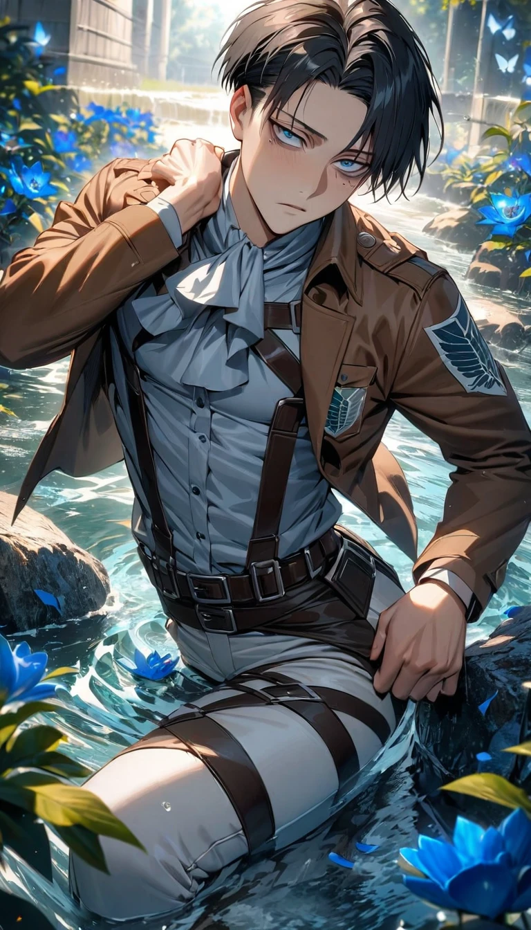 absurdres, highres, ultra detailed, HDR, masterpiece, extremely detailed face and eyes, Levi Ackerman, black hair, expressive blue eyes, dark circles under the eyes, Shingeki No Kyojin final season, solo, sexy man, very handsome, water, blue lilies, petals, butterflies, brown jacket, white pants
