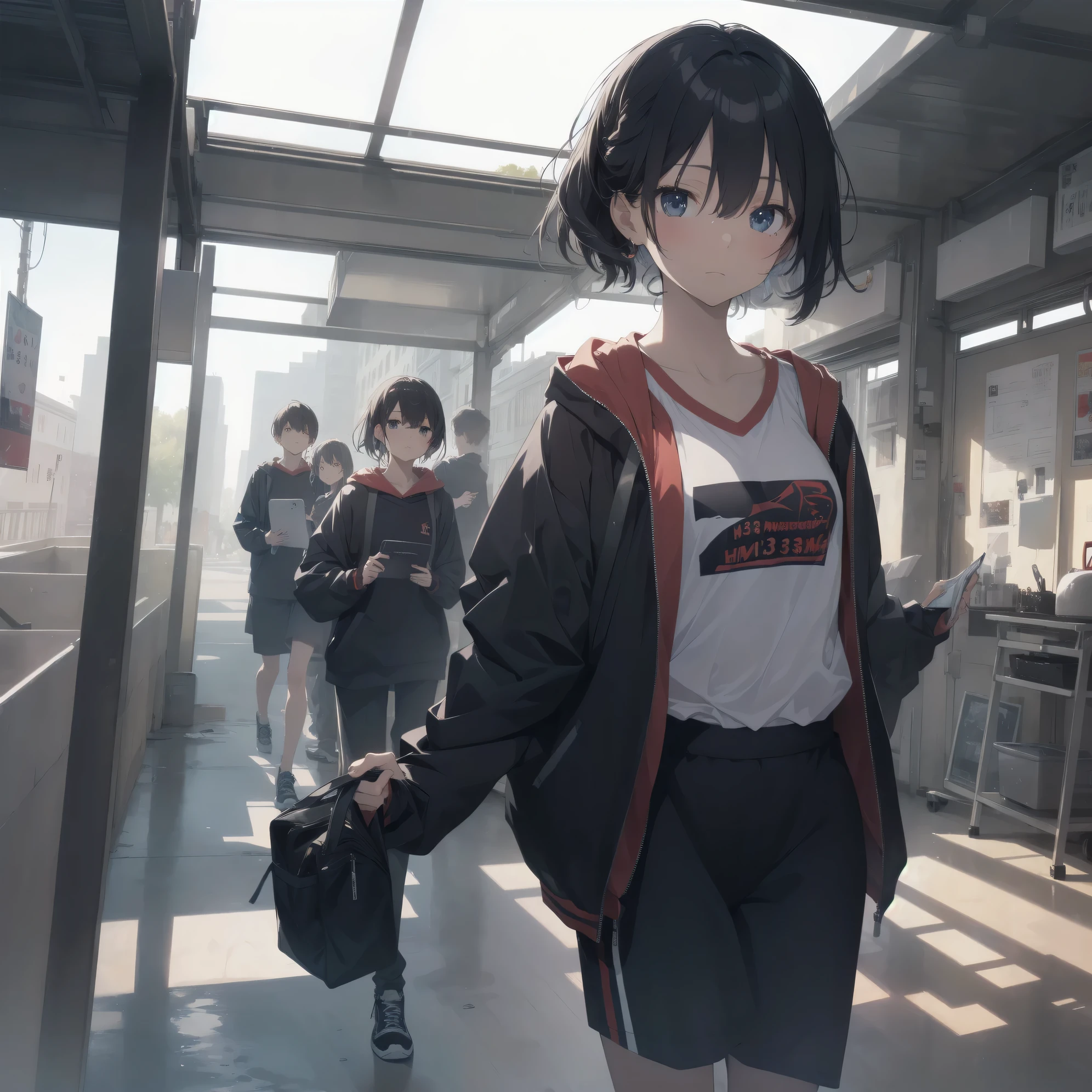 ultra-absurdres-Top quality by artist God, ultra-detailed, high resolution, anime moe artstyle, best anime 8k konachan wallpaper, pixiv contest winner,pool:2810, perfect anatomy,break, 1girl, (Please draw a girl walking sleepily to school alone. )break,(Solo,little female, 13-year-old:1.3),Full limbs, complete fingers,a junior high school student,  (very short hair), ponytail, flat chest, , small butt, small black eyes, beautiful detailed eyes, well-proportioned iris and pupils, expressive eyes, highres detailed hair, soft expression, school_gym uniform, official_alternate_costume, short gym shorts,(Detailed Lighting), (Detailed background), in the School commute route. break,super detailed skin, Best cinematic lighting powered by famous artist, 8k,beauty illustration,photoshop_(medium),very aesthetic,break,((artist:a1_(initial-g) )), artist:akinashi yuu ,artist:oyari ashito ,artist:kantoku ,