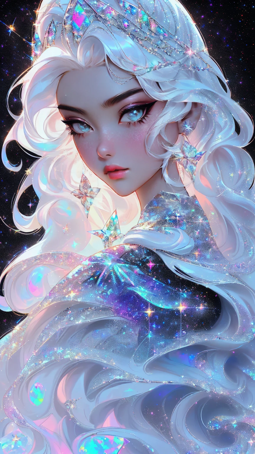 {-erro_de_anatomia:1.0} masterpiece, highest quality, (perfect face:1.1, (high detail)1.1, sweet stardust vampire , long soft white hair, opal eyes, perfectly drawn face, black dress, stars detailed background, prismatic lighting, glitter, whole body, walking on the stars with crystal shoes.