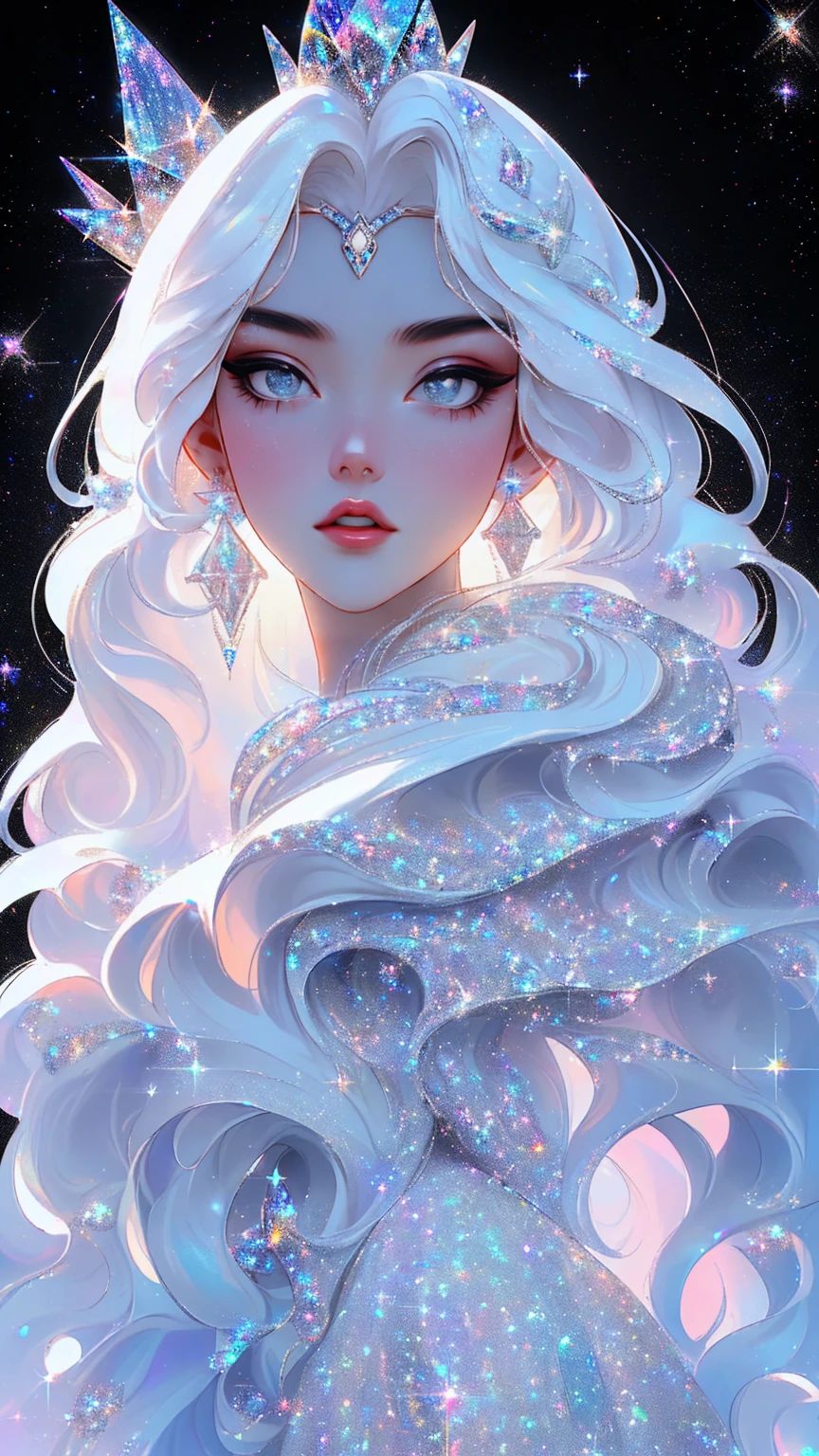 {-erro_de_anatomia:1.0} masterpiece, highest quality, (perfect face:1.1, (high detail)1.1, sweet stardust vampire , long soft white hair, opal eyes, perfectly drawn face, black dress, stars detailed background, prismatic lighting, glitter, whole body,   walking on the stars with crystal shoes.