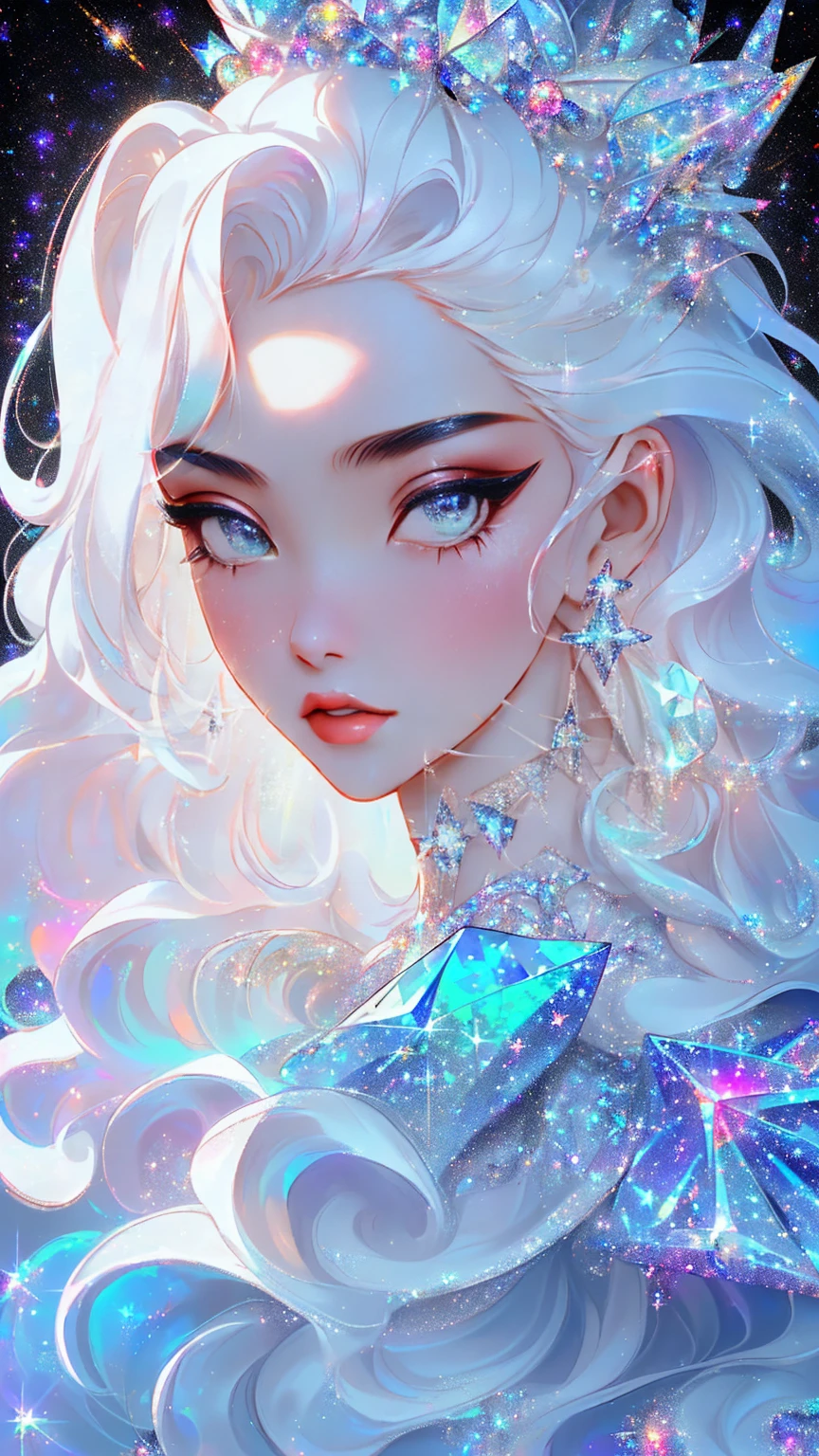 {-erro_de_anatomia:1.0} masterpiece, highest quality, (perfect face:1.1, (high detail)1.1, sweet stardust vampire , long soft white hair, opal eyes, perfectly drawn face, black dress, stars detailed background, prismatic lighting, glitter, whole body, walking on the stars with crystal shoes.