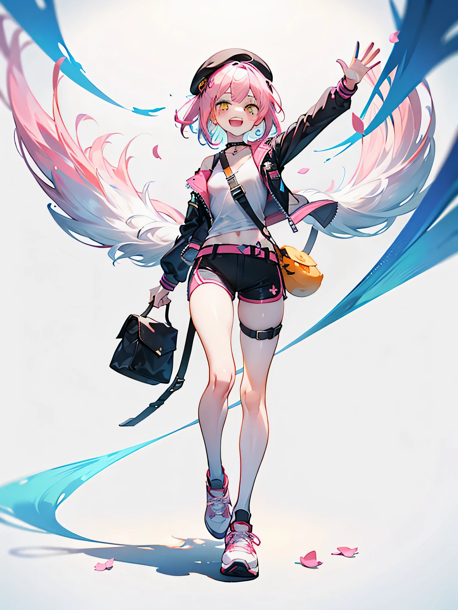 1girll，solo，((full bodyesbian))，standing on your feet，（pink short hair），(Heads-up)，（beret），（Pink and black punk jacket） ，（Shoulder cross-body bag），（Leg straps），（（Short hot pants）），（laughingly），athletic sneakers，Waving，（Orange-yellow pupils），Fluttering petals，[White background 1：：5]，flatchest，Toddler image，Flowing pink clouds