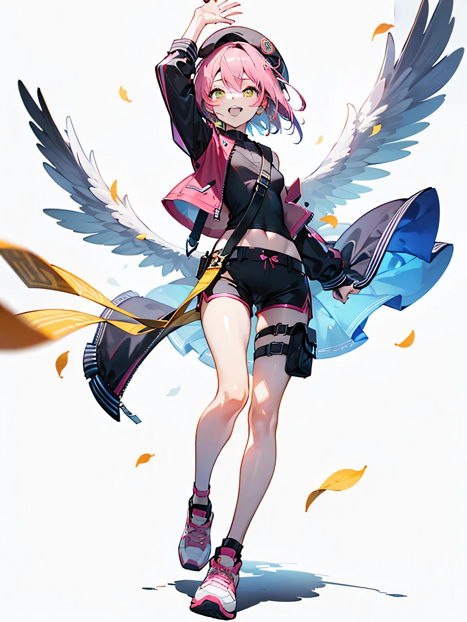 1girll，solo，((full bodyesbian))，standing on your feet，（pink short hair），(Heads-up)，（beret），（Pink and black punk jacket） ，（Shoulder cross-body bag），（Leg straps），（（Short hot pants）），（laughingly），athletic sneakers，Waving，（Orange-yellow pupils），Fluttering petals，[White background 1：：5]，flatchest，Toddler image，Flowing pink clouds