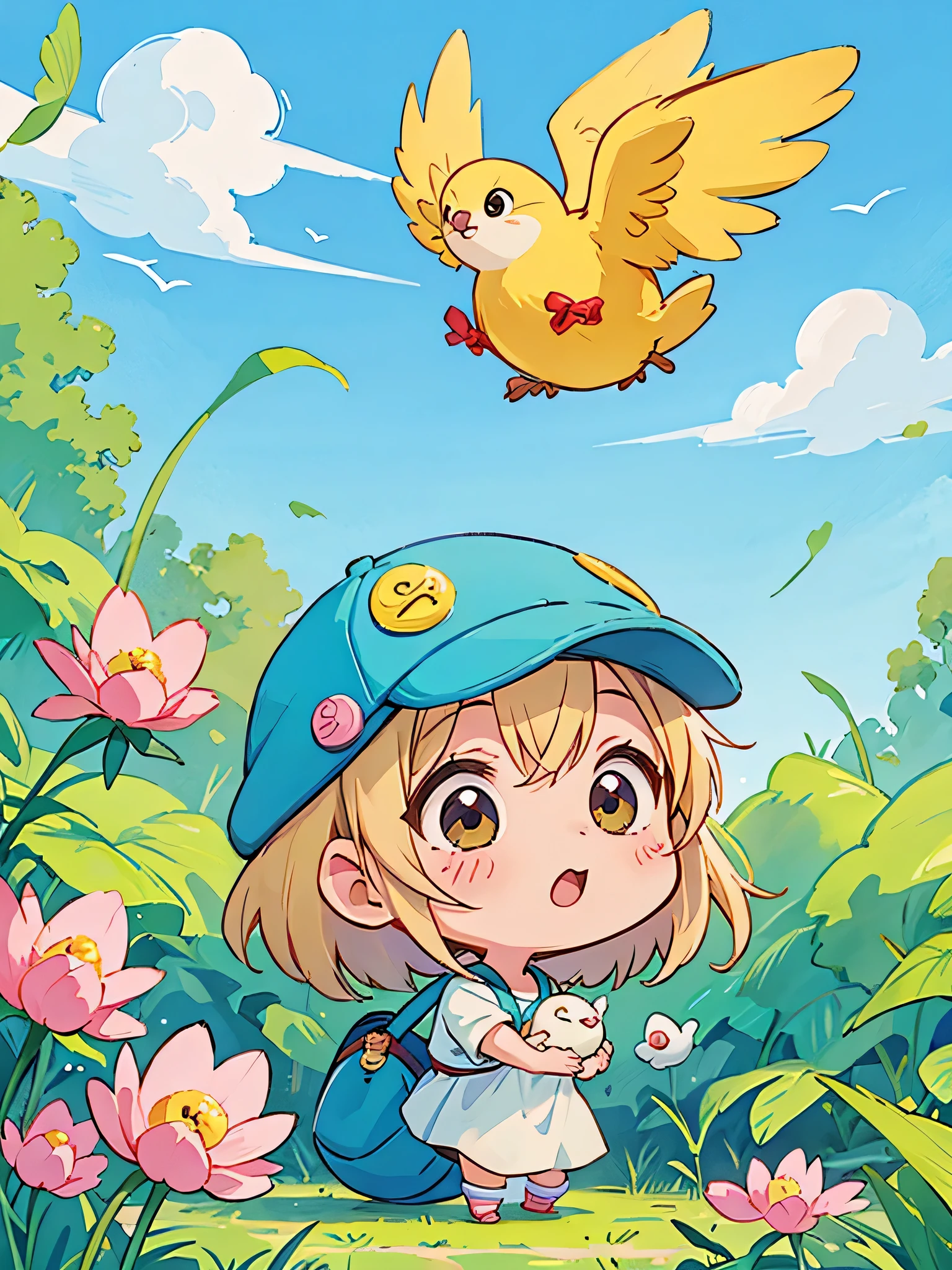 akira toriyama style, Kawaii Design, most beautiful girl ever、Chibi, beautiful spring afternoon、birdie、Cherish your time