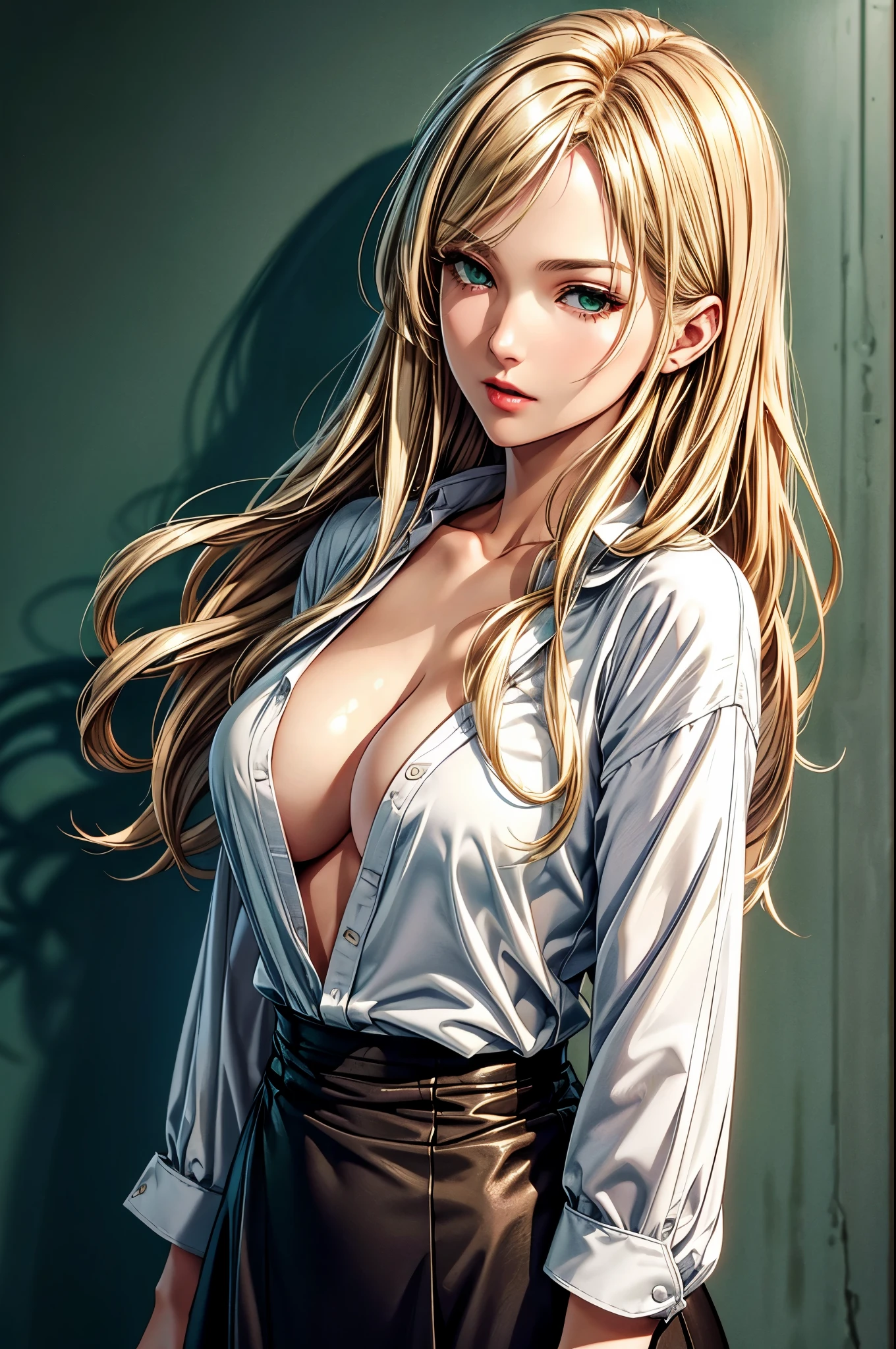 (best quality, high resolution), Upper Body, Cool adult woman, Side Bangs, Long straight blonde hair, Green eyes, grow long hair, (naked shirt), Large Breasts, Plain Wall, Super detailed CG, Detailed face, Delicate eyes, Detailed clothes, Super high quality skin, High quality hair, fine hair
 