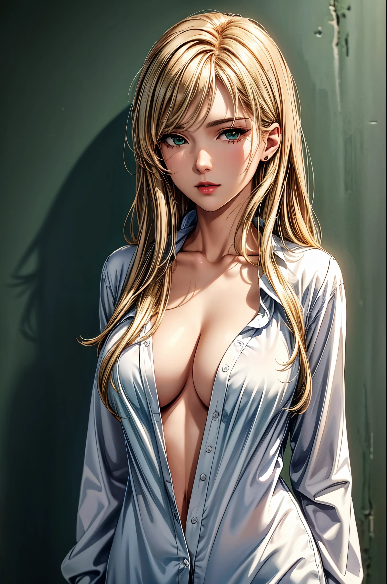 (best quality, high resolution), Upper Body, Cool adult woman, Side Bangs, Long straight blonde hair, Green eyes, grow long hair, (naked shirt), Large Breasts, Plain Wall, Super detailed CG, Detailed face, Delicate eyes, Detailed clothes, Super high quality skin, High quality hair, fine hair