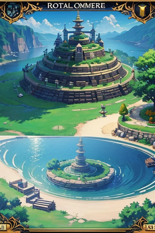 fantasy world, estilo isekai de anime, zona de comercio en la playa, estilo pixel art
