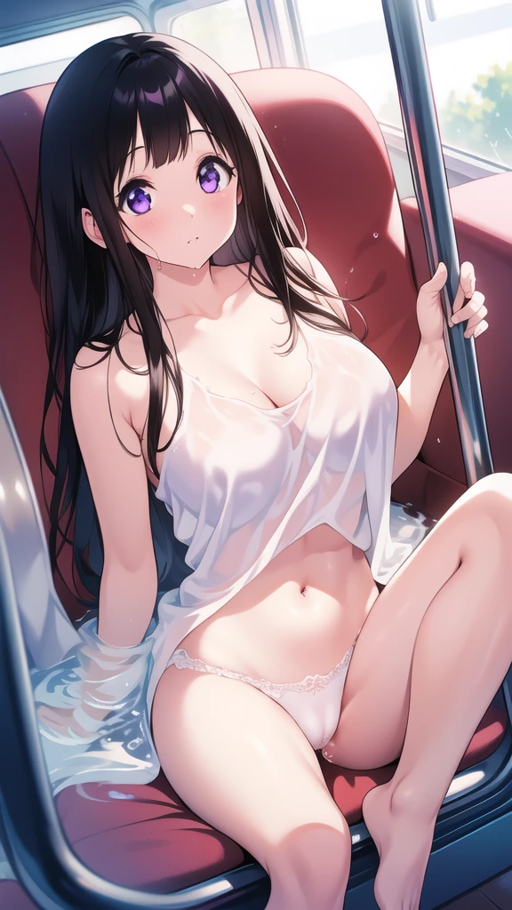 Stunning Chitanda, 只有一个beautiful girl,Purple Eyes, Black Hair, Naturally straight hair, Straight bangs,Extremely refined,open your lips,Face is so red,The skin is very white,big eyes,Long flowing hair,beautiful girl, Like a dream,Slim,Soft, (Sensual), (Kawaii), Dream quality,Completely naked,Large Breasts,On the tram,Soaked,Leaked pussy juice,Run down the clear liquid,Fluid on the thighs,No pants,Clavicle exposed,Bare neck,Bare thighs,Exposing the groin,Camel toe,Bare legs,barefoot,extremely shy,Ultra-high resolution, (masterpiece:1.2, best quality), (Delicate and beautiful eyes: 1.2), (Beautiful and delicate face)