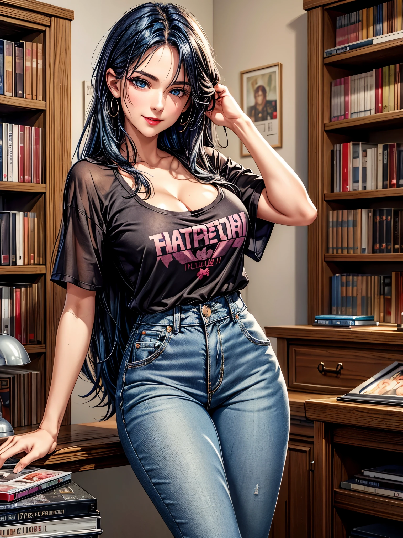 best quality, high resolution, 1 Girl, ((Looking at the audience)), dark blue hair, blue eyes, very long hair, Transparent T-shirt, see through nipples, High waist ripped jeans, 171 cm, Messy hair, Hair between the eyes, Large Breasts, full, Soft white skin, aldult, 20 years old, Tempting, Solitary, only, Naughty smile, Slightly blush, Wide hips, thigh, permanent, The room is messy, bedroom, shelf, DVD, books, video games, , CD, Vinyl Records, VHS tapes,