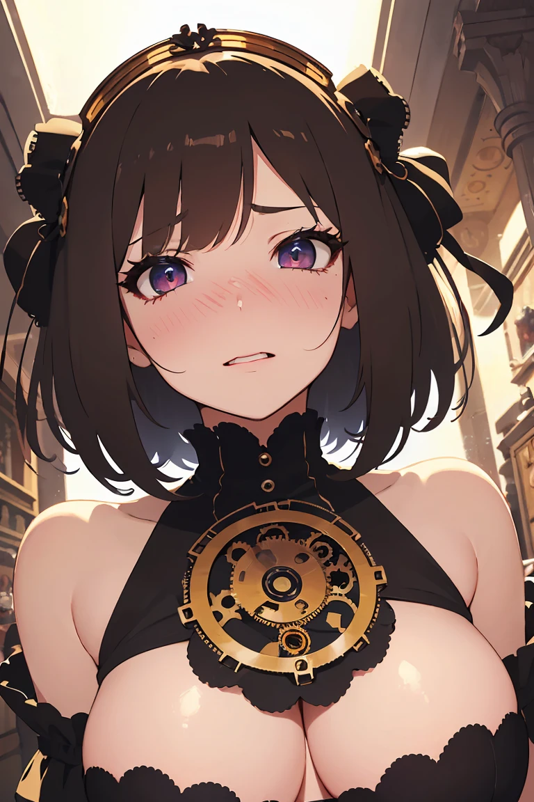 masterpiece, absurdres, best quality, ultra detailed, high Resolution, detailed illustration, bright colour, (extremely beautiful detailed face and eyes, Delicate beautiful face, 1 girl, cute face:1.3), (magenta eyes:1.1), sparkling eyes, big eyes, medium breasts, (perky breasts:1.1), (pointy breasts:1.1), medium hips, glamorous body, white skin, BREAK, long bob cut, (blonde hair:0.8), messy hair, detailed hair, shiny hair, BREAK (undressed, steampunk, Gothic ta:1.5), (vagina, rape:1.3), perfect lighting, (embarrassed:1.5), (ecstasy, vulgarity:1.5), (trembling:0.8), Whole body, City,