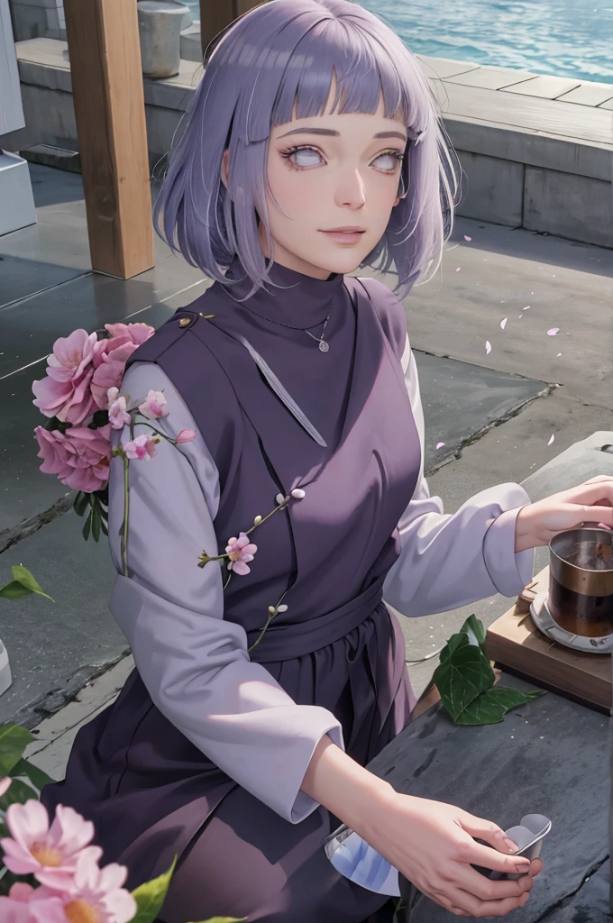 Meisterwerk, absurdres, Hinata\(Boruto\), 1girls, nur,reifes Weibchen, lila Kapuzenpullover,layered sleeves, braune Hose, al fresco,Lavendelblütenfeld, Blick auf den Betrachter, (falling petals), overcast sky, Perfekte Komposition, Detaillierte Lippen, large chest, Beautiful face, Body Propotion, flush, (rosa Lippen), Lange Haare, lila Augen, Sanfter Blick, sad smile, Super realistisch, Detailliert, Fotoshooting, Realistic face and body, Realistisches Haar, Realistische Augen, realistische Nase, Realistische Lippen