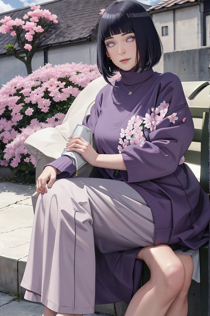 Meisterwerk, absurdres, Hinata\(Boruto\), 1girls, nur,reifes Weibchen, lila Kapuzenpullover,layered sleeves, braune Hose, al fresco,Lavendelblütenfeld, Blick auf den Betrachter, (falling petals), overcast sky, Perfekte Komposition, Detaillierte Lippen, large chest, Beautiful face, Body Propotion, flush, (rosa Lippen), Lange Haare, lila Augen, Sanfter Blick, sad smile, Super realistisch, Detailliert, Fotoshooting, Realistic face and body, Realistisches Haar, Realistische Augen, realistische Nase, Realistische Lippen