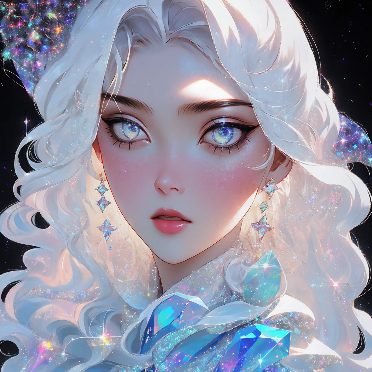 {-erro_de_anatomia:1.0} masterpiece, highest quality, (perfect face:1.1, (high detail)1.1, sweet stardust vampire , long soft white hair, opal eyes, perfectly drawn face, black dress, stars detailed background, prismatic lighting, glitter, whole body, walking on the stars with crystal shoes.