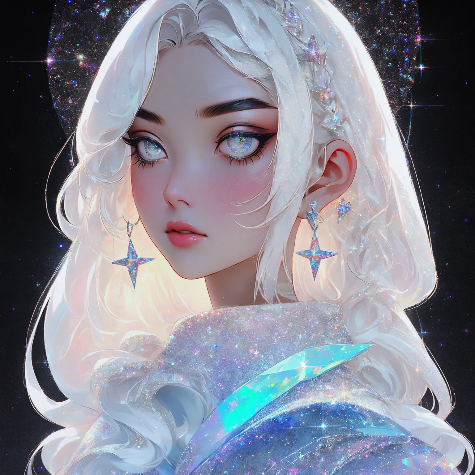 {-erro_de_anatomia:1.0} masterpiece, highest quality, (perfect face:1.1, (high detail)1.1, sweet stardust vampire , long soft white hair, opal eyes, perfectly drawn face, black dress, stars detailed background, prismatic lighting, glitter, whole body, walking on the stars with crystal shoes.