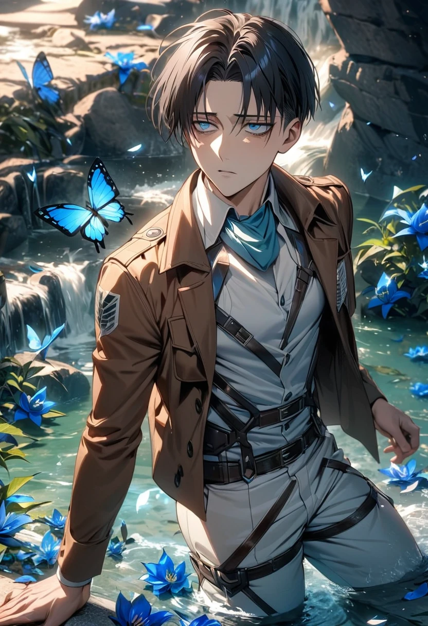 absurdres, highres, ultra detailed, HDR, masterpiece, extremely detailed face and eyes, Levi Ackerman, black hair, expressive blue eyes, dark circles under the eyes, Shingeki No Kyojin final season, solo, sexy man, very handsome, water, blue lilies, petals, butterflies, brown jacket, white pants