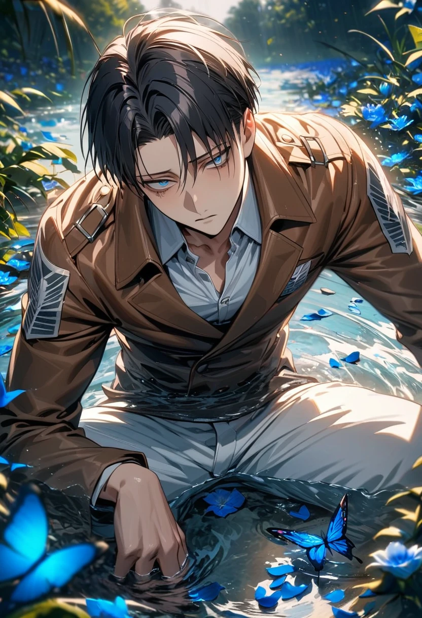 absurdres, highres, ultra detailed, HDR, masterpiece, extremely detailed face and eyes, Levi Ackerman, black hair, expressive blue eyes, dark circles under the eyes, Shingeki No Kyojin final season, solo, sexy man, very handsome, water, blue lilies, petals, butterflies, brown jacket, white pants