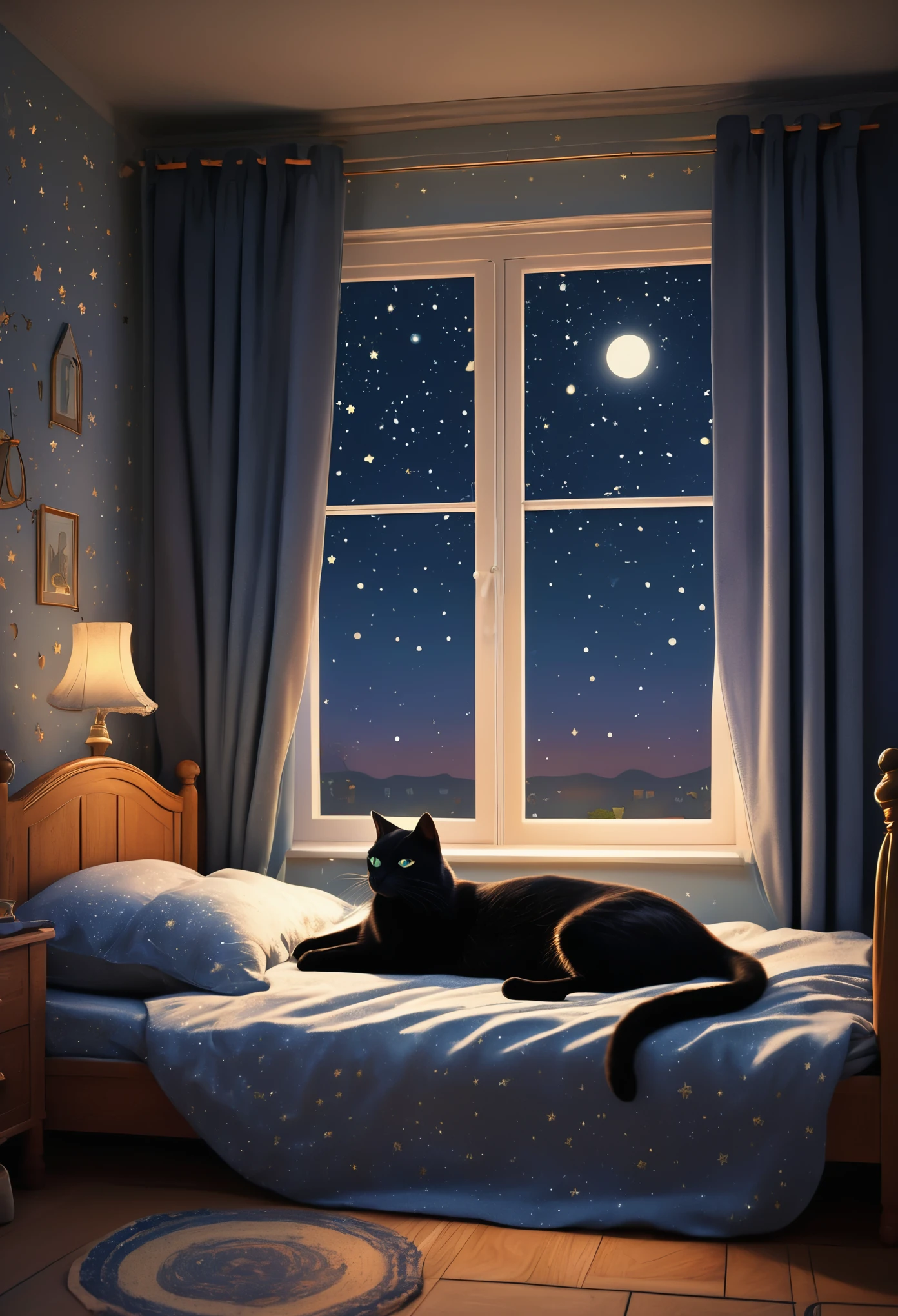 In the cozy and happy home scene, children and family members are fast asleep, surrounded by the comforts of their big, homely bed. The black cat lies curled up beside them, its eyes twinkling in the dimly lit room. The curtains, drawn gently aside, reveal the mysterious darkness of the night obscured by the starry sky. A shooting star brightly shines, adding to the serene and peaceful atmosphere.
