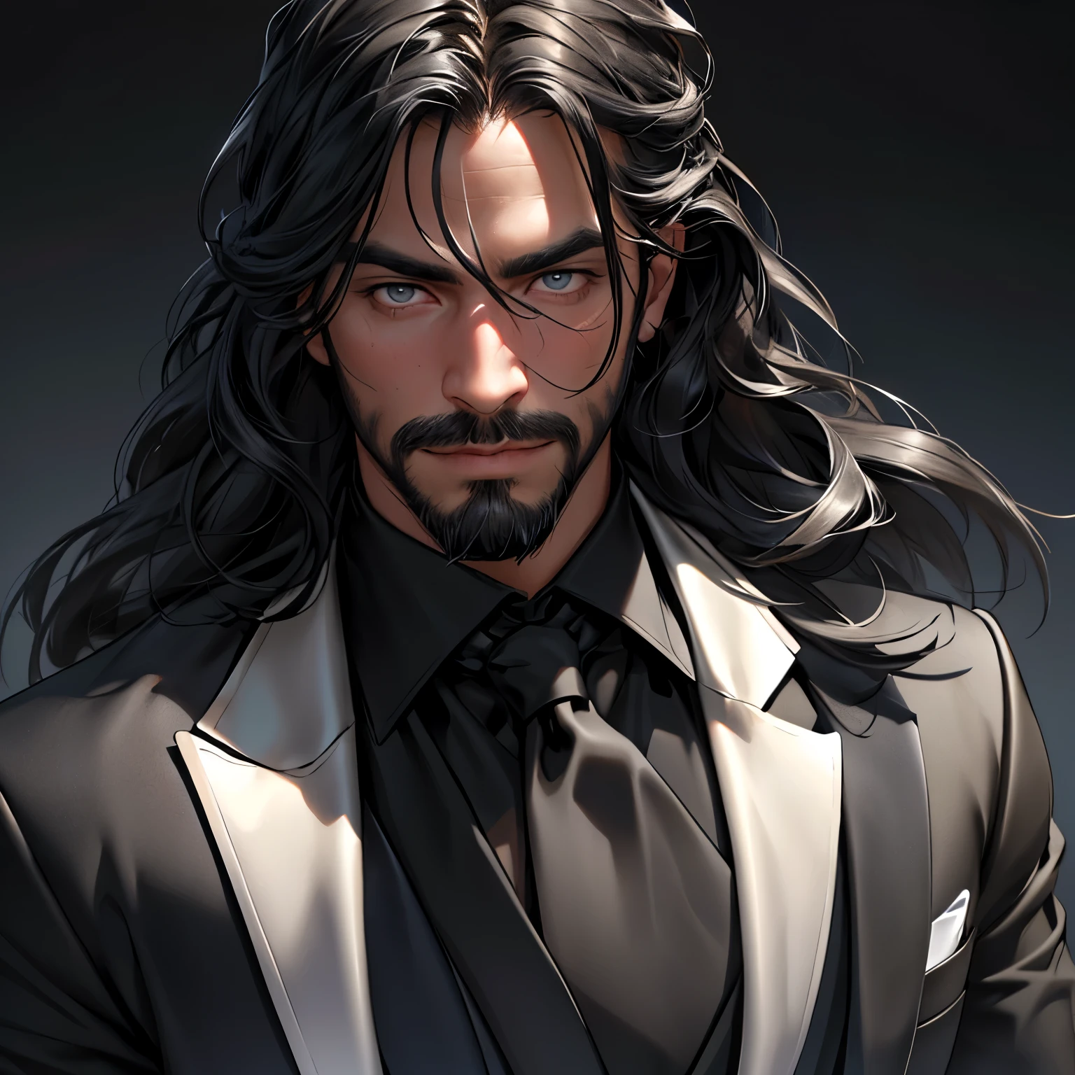(best quality,4k,8k,highres,masterpiece:1.2),ultra-detailed,(realistic,photorealistic,photo-realistic:1.37),portraits,handsome male,shoulder length hair:1.1,medium length black locks:black business suit:black, hair covering eyes,(muscular,strong build),large male,portrait,confident expression:black tie,standing against a dark background:1.1,subtle studio lighting:determined gaze,facial hair,well-groomed beard