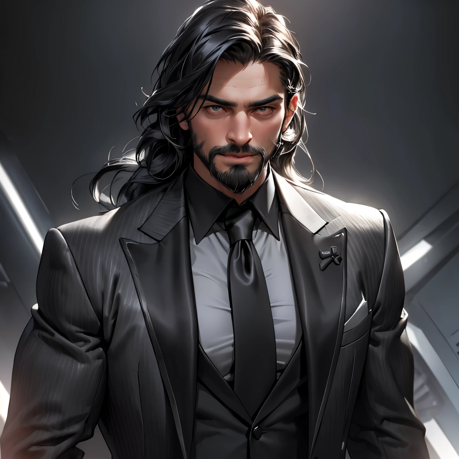 (best quality,4k,8k,highres,masterpiece:1.2),ultra-detailed,(realistic,photorealistic,photo-realistic:1.37),portraits,handsome male,shoulder length hair:1.1,medium length black locks:black business suit:black, hair covering eyes,(muscular,strong build),large male,portrait,confident expression:black tie,standing against a dark background:1.1,subtle studio lighting:determined gaze,facial hair,well-groomed beard