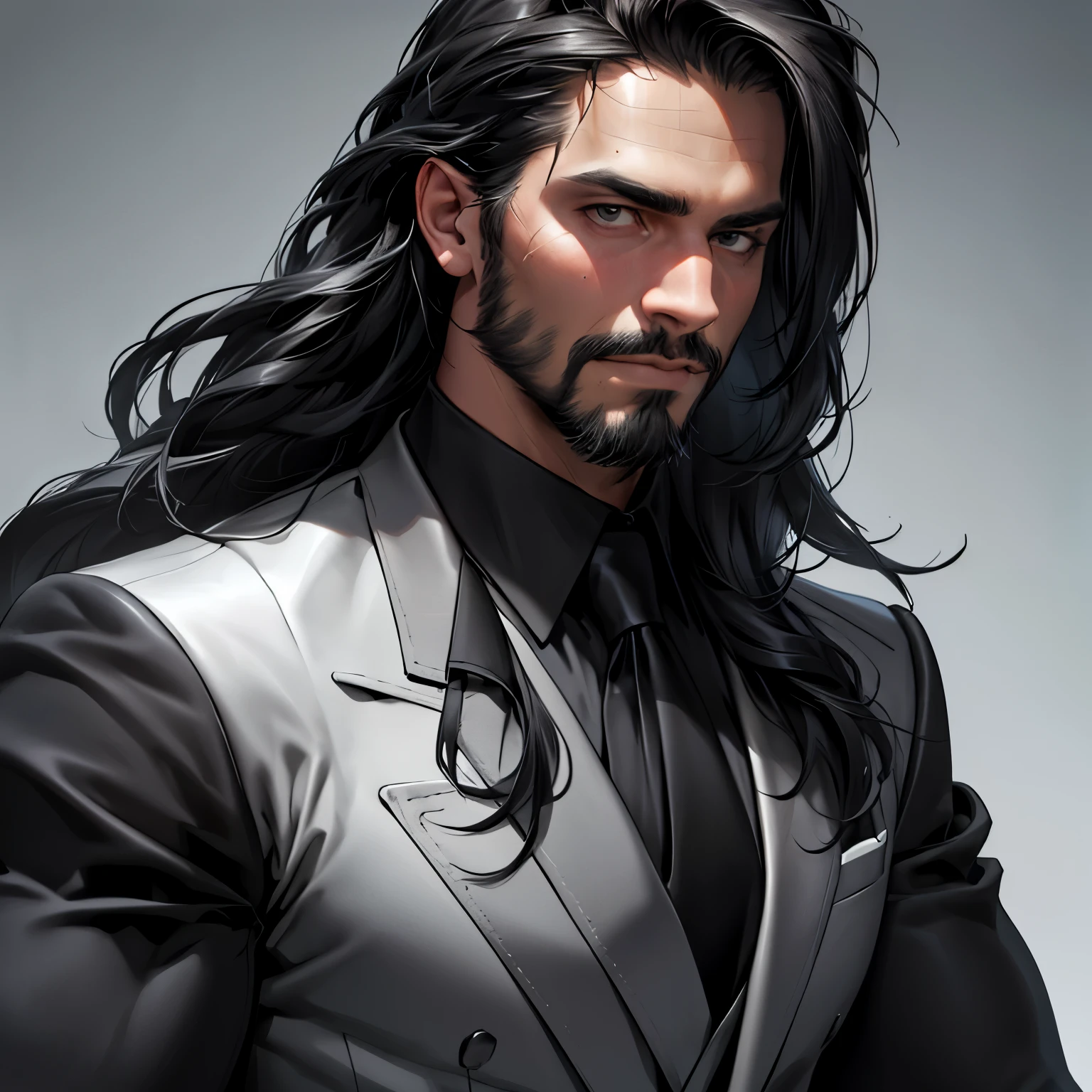 (best quality,4k,8k,highres,masterpiece:1.2),ultra-detailed,(realistic,photorealistic,photo-realistic:1.37),portraits,handsome male,shoulder length hair:1.1,medium length black locks:black business suit:black, hair covering eyes,(muscular,strong build),large male,portrait,confident expression:black tie,standing against a dark background:1.1,subtle studio lighting:determined gaze,facial hair,well-groomed beard