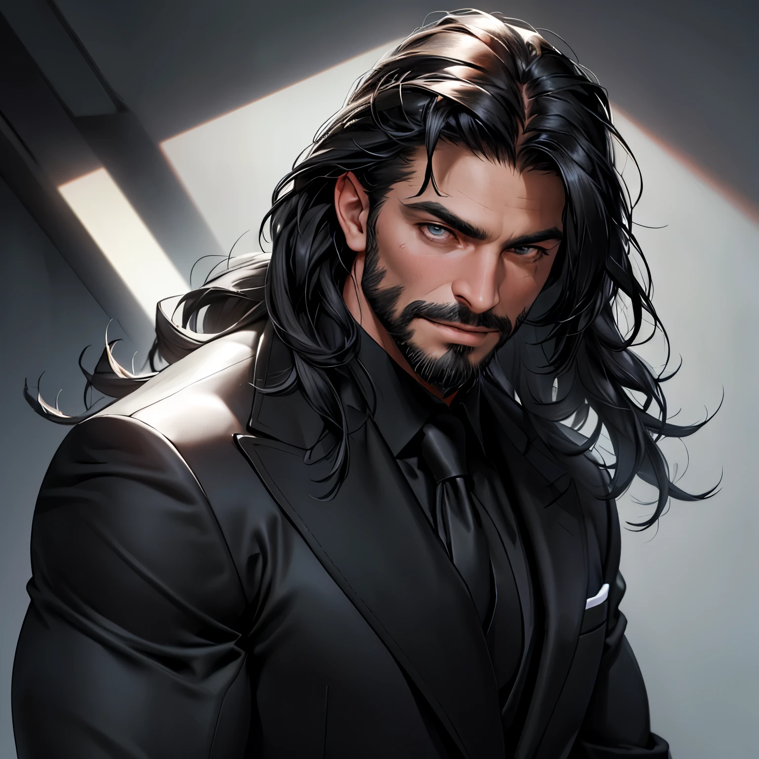 (best quality,4k,8k,highres,masterpiece:1.2),ultra-detailed,(realistic,photorealistic,photo-realistic:1.37),portraits,handsome male,shoulder length hair:1.1,medium length black locks:black business suit:black, hair covering eyes,(muscular,strong build),large male,portrait,confident expression:black tie,standing against a dark background:1.1,subtle studio lighting:determined gaze,facial hair,well-groomed beard