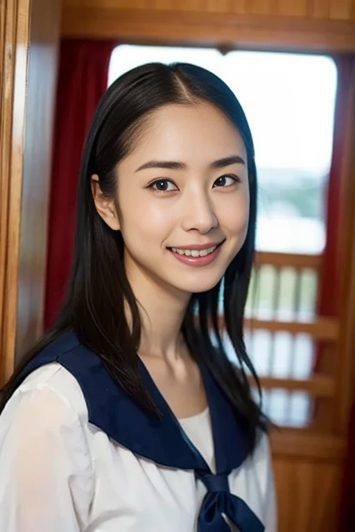 (8k、Raw photo、highest quality、masterpiece:1.2)、(Realistic、Photorealistic:1.37)、Ultra-detailed、超A high resolution、1 girl、Seeing the viewer、Beautifully detailed face、Laughter、narrow、(Narrow waist) :1.3)、beautiful detailed skin、Skin Texture、floating hair、Professional Lighting、Human whole body、Long Hair、Blonde、Japanese Height 、high school girl、Japanese Height 、high school girl、Sailor suit、bob hair、Children's room、Smile、15-year-old student、Cute Smile、E cup breasts、Portaire