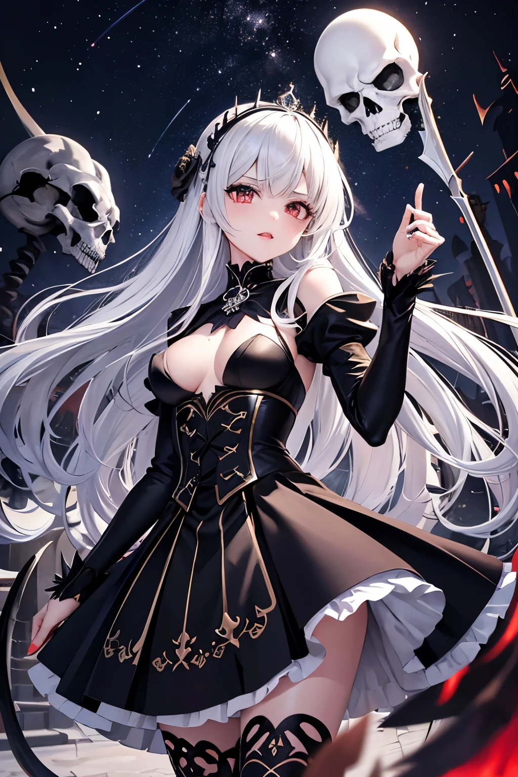(((highest quality、Masterpiece、Normal body、8k、Detailed face、Ultra-precision、Normal hand、Normal finger、5Finger、supreme)))Golden and silver hair、Princess、Gorgeous Dress、White and black skirt、Shiny Tiara、night armor、metal boots、Grim Reaper、grim Reaper、Helper Reaper、Skeleton demon behind、Skeleton demon in background、Skeleton demon behind、Skeleton demon in the background、Chaos and Cosmos、Blood on the Sanctuary