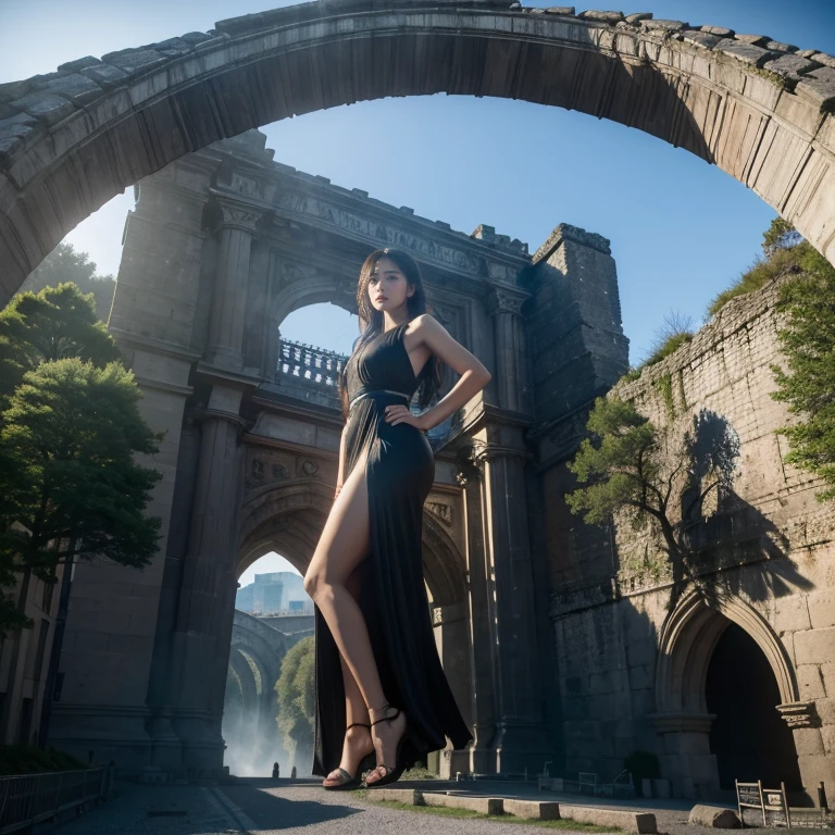 A colossal giantess, her stature dwarfing the ancient stone archway, bends low to pass through the small city gate. Her powerful back forms a graceful arc as she carefully navigates the tight space, her flowing hair and dress billowing behind her. The crumbling, weathered gate seems insignificant beneath her immense form, highlighting the dramatic scale difference. The image captures the giantess's focused expression and the tension in her posture as she squeezes through the passage. Highly detailed, cinematic 8K rendering.