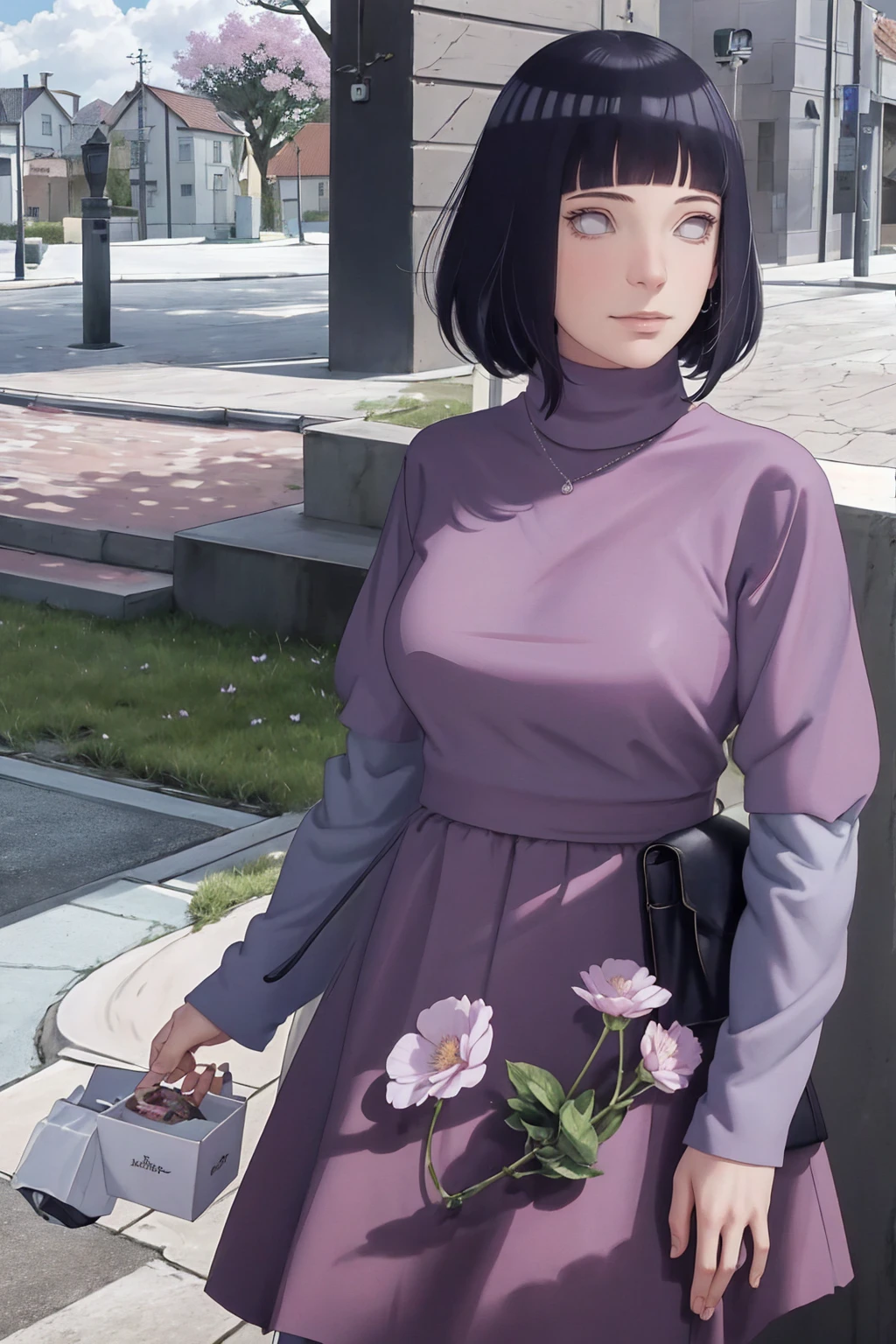 Meisterwerk, absurdres, Hinata\(Boruto\), 1girls, nur,reifes Weibchen, lila Kapuzenpullover,layered sleeves, braune Hose, al fresco,Lavendelblütenfeld, Blick auf den Betrachter, (falling petals), overcast sky, Perfekte Komposition, Detaillierte Lippen, large chest, Beautiful face, Body Propotion, flush, (rosa Lippen), Lange Haare, lila Augen, Sanfter Blick, sad smile, Super realistisch, Detailliert, Fotoshooting, Realistic face and body, Realistisches Haar, Realistische Augen, realistische Nase, Realistische Lippen