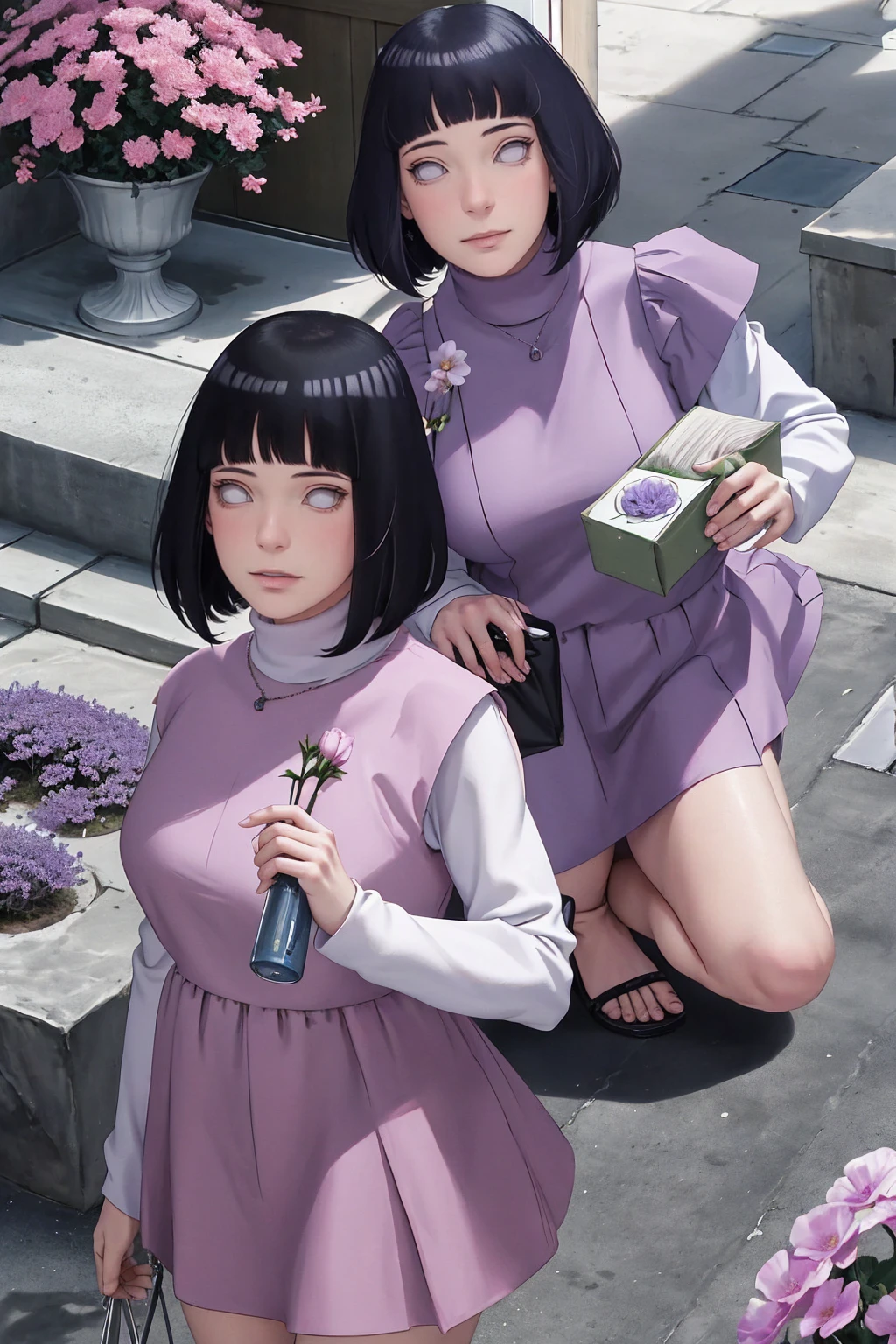 Meisterwerk, absurdres, Hinata\(Boruto\), 1girls, nur,reifes Weibchen, lila Kapuzenpullover,layered sleeves, braune Hose,  al fresco,Lavendelblütenfeld, Blick auf den Betrachter, (falling petals), overcast sky, Perfekte Komposition, Detaillierte Lippen, large chest, Beautiful face, Body Propotion, flush, (rosa Lippen), Lange Haare,  lila Augen,  Sanfter Blick, sad smile,  Super realistisch, Detailliert, Fotoshooting, Realistic face and body,  Realistisches Haar, Realistische Augen, realistische Nase, Realistische Lippen